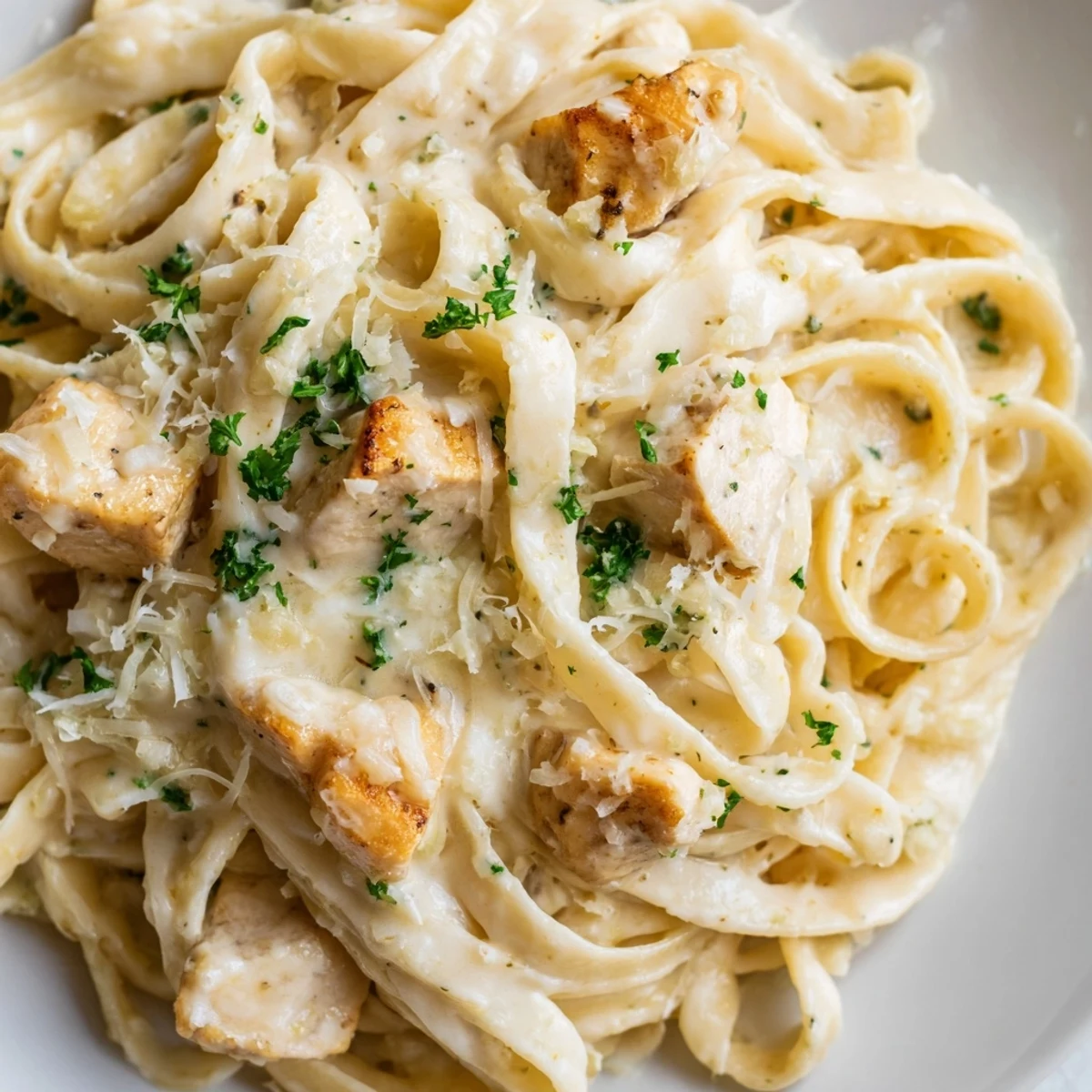Steaming plate of creamy garlic parmesan chicken pasta garnished with fresh parsley and extra cheese