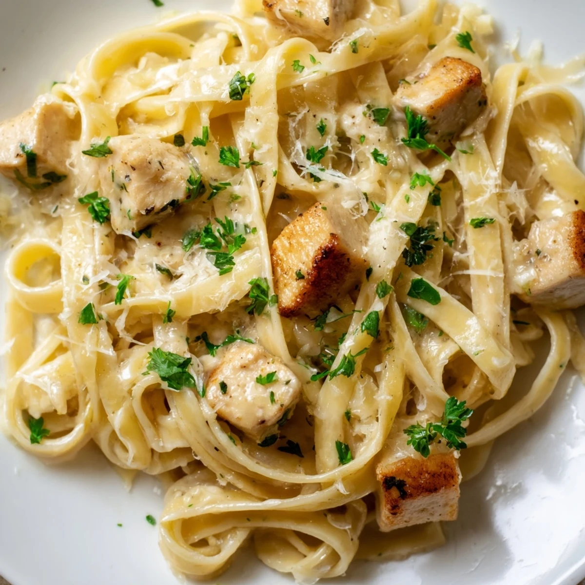 Close-up of tender chicken tossed with pasta in a velvety white cheese sauce with herbs
