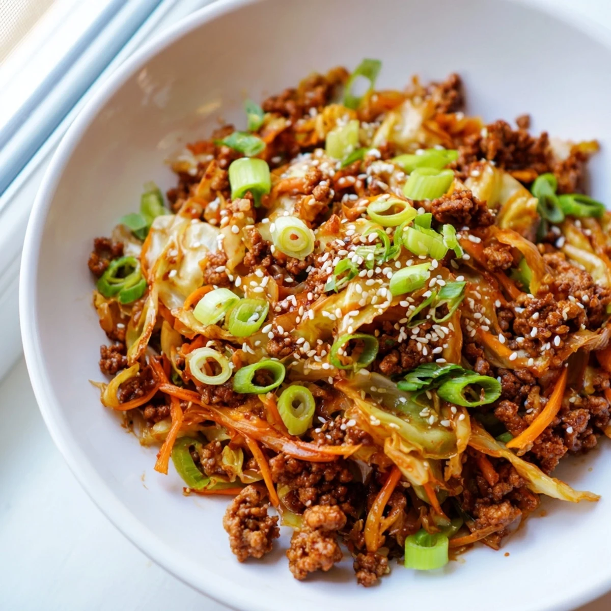 Steamy egg roll in a bowl plated with crisp vegetables, seasoned meat, and garnish of green onions and sesame seeds