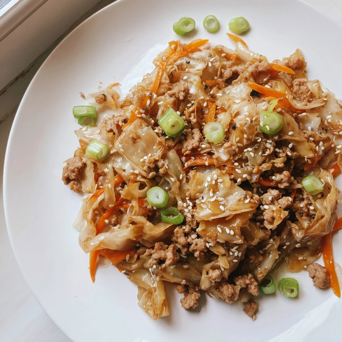 Low carb egg roll in a bowl showing tender pork and cabbage mixture tossed in savory Asian-inspired sauce
