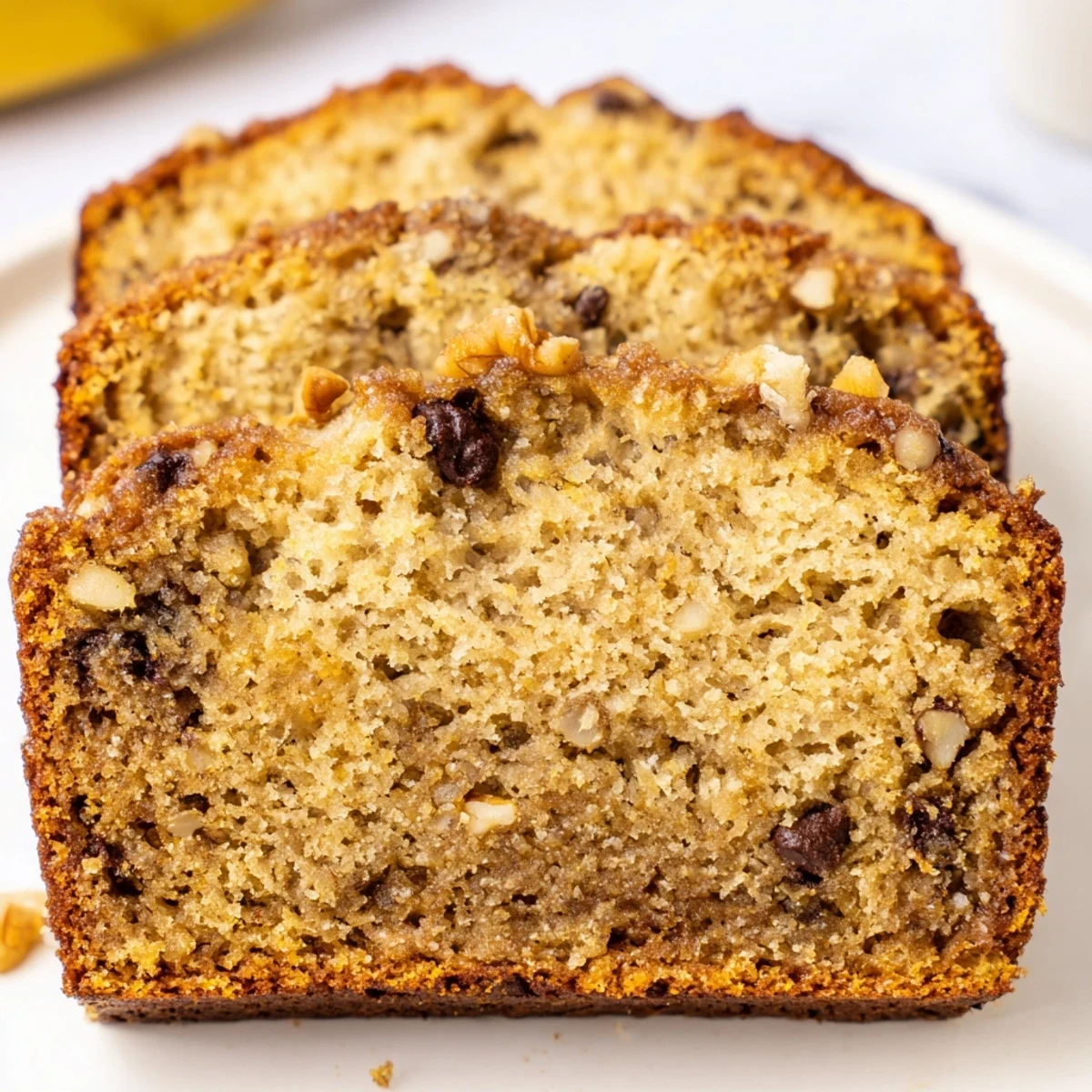 Moist slice of low carb banana bread topped with melted butter and pecans