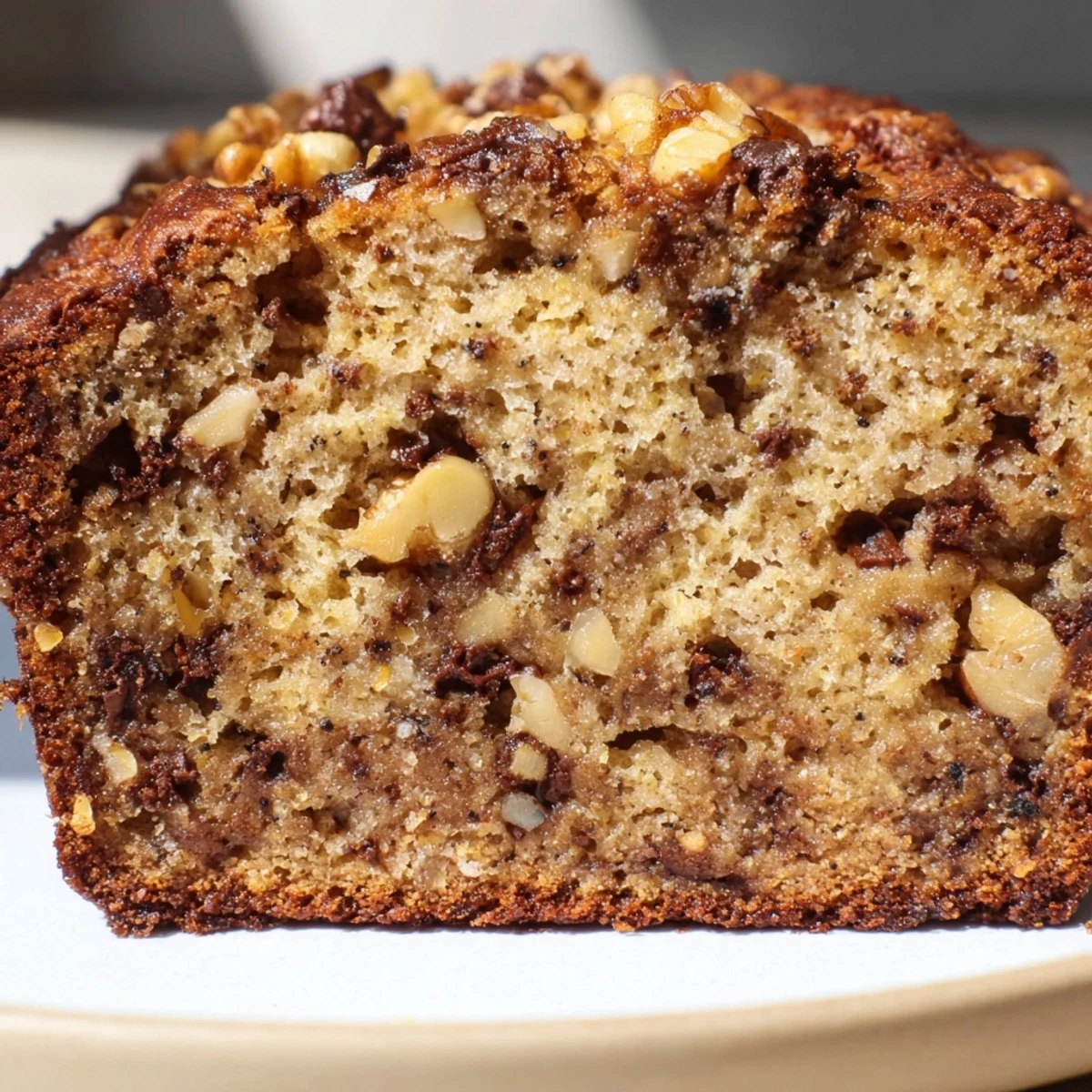 Golden brown keto banana bread loaf with walnuts on a wooden cutting board
