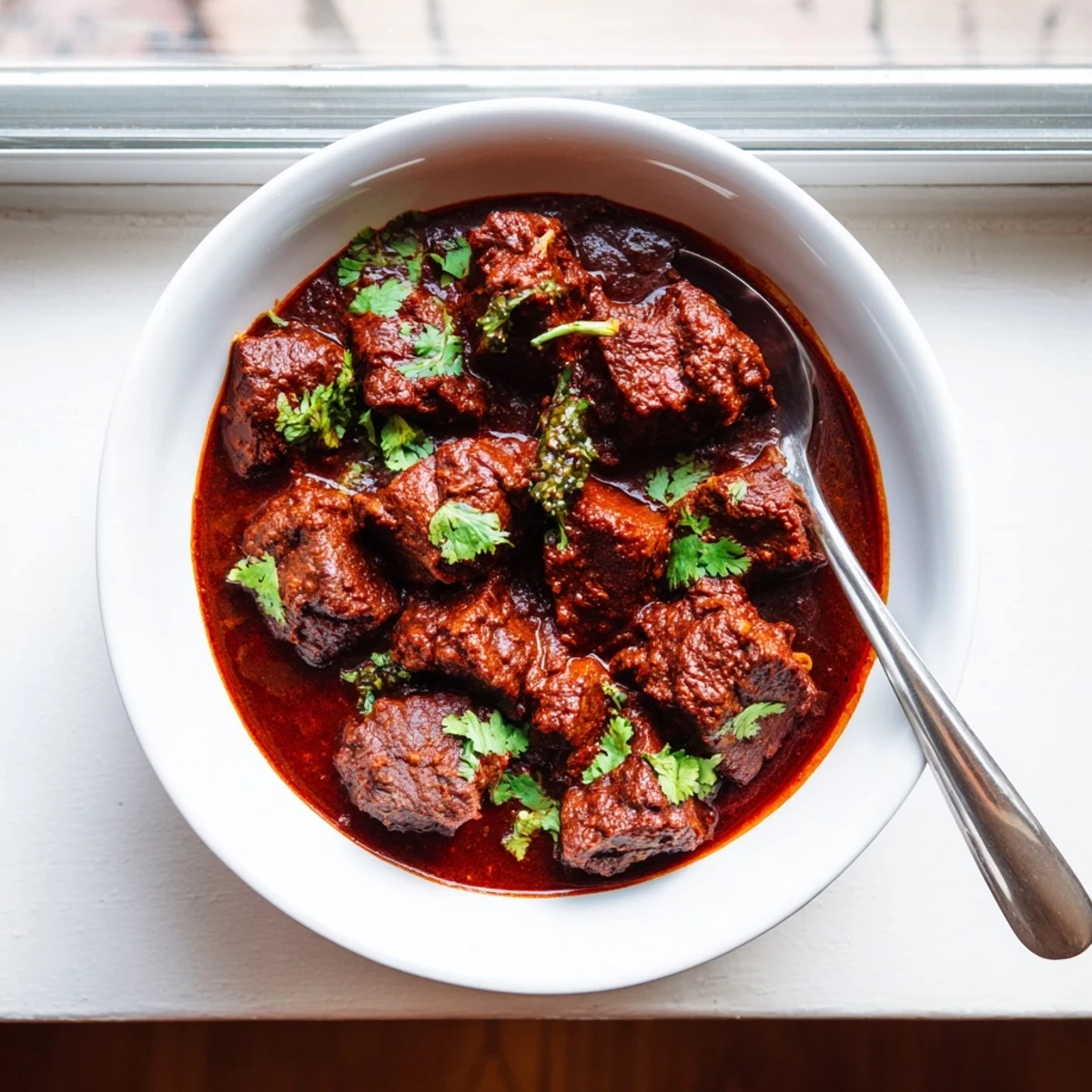 Hearty Slow Cooker Chili Colorado with melt-in-your-mouth beef simmered in spicy red sauce