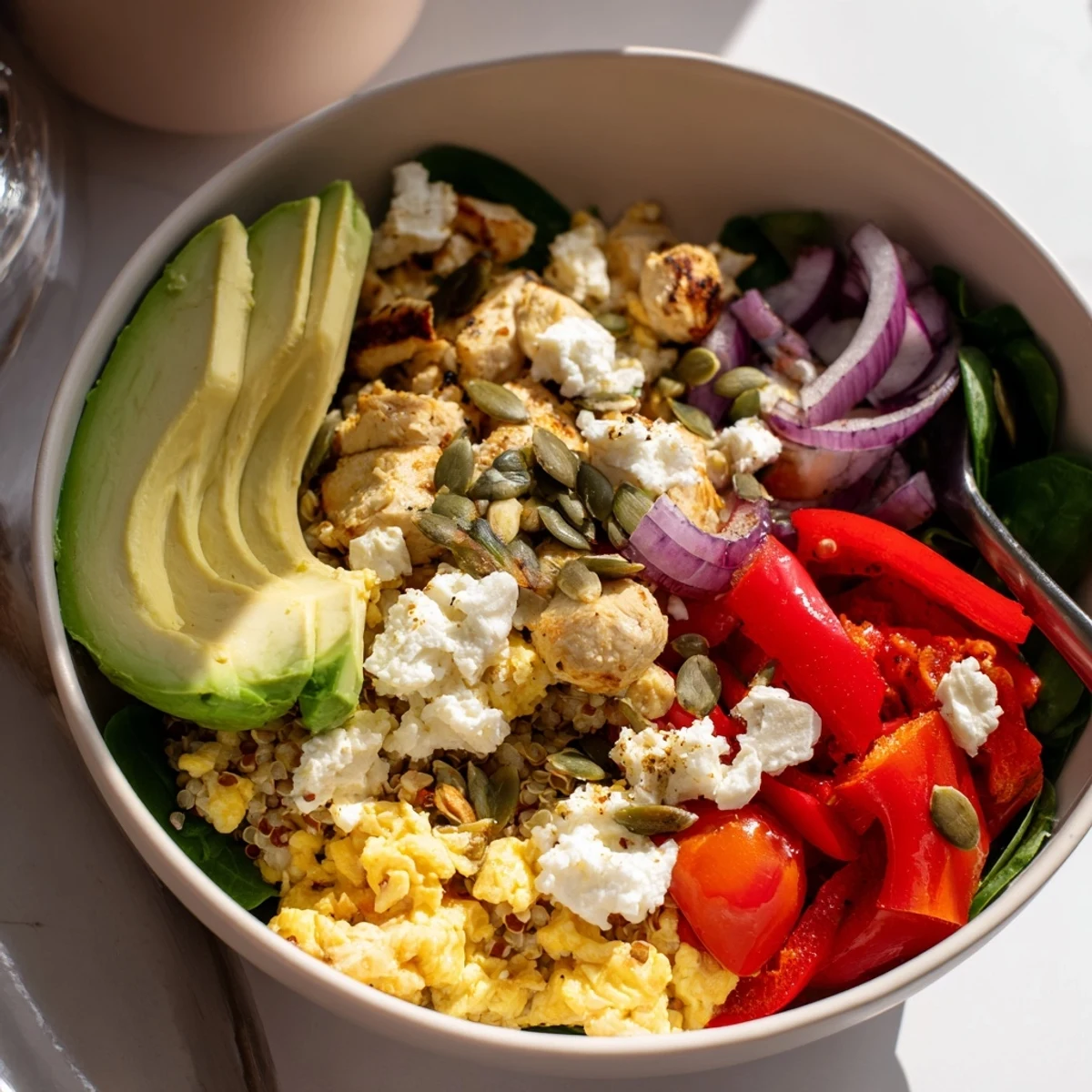 Colorful Easy High Protein Breakfast Bowl with fluffy scrambled eggs, fresh vegetables, and creamy avocado slices