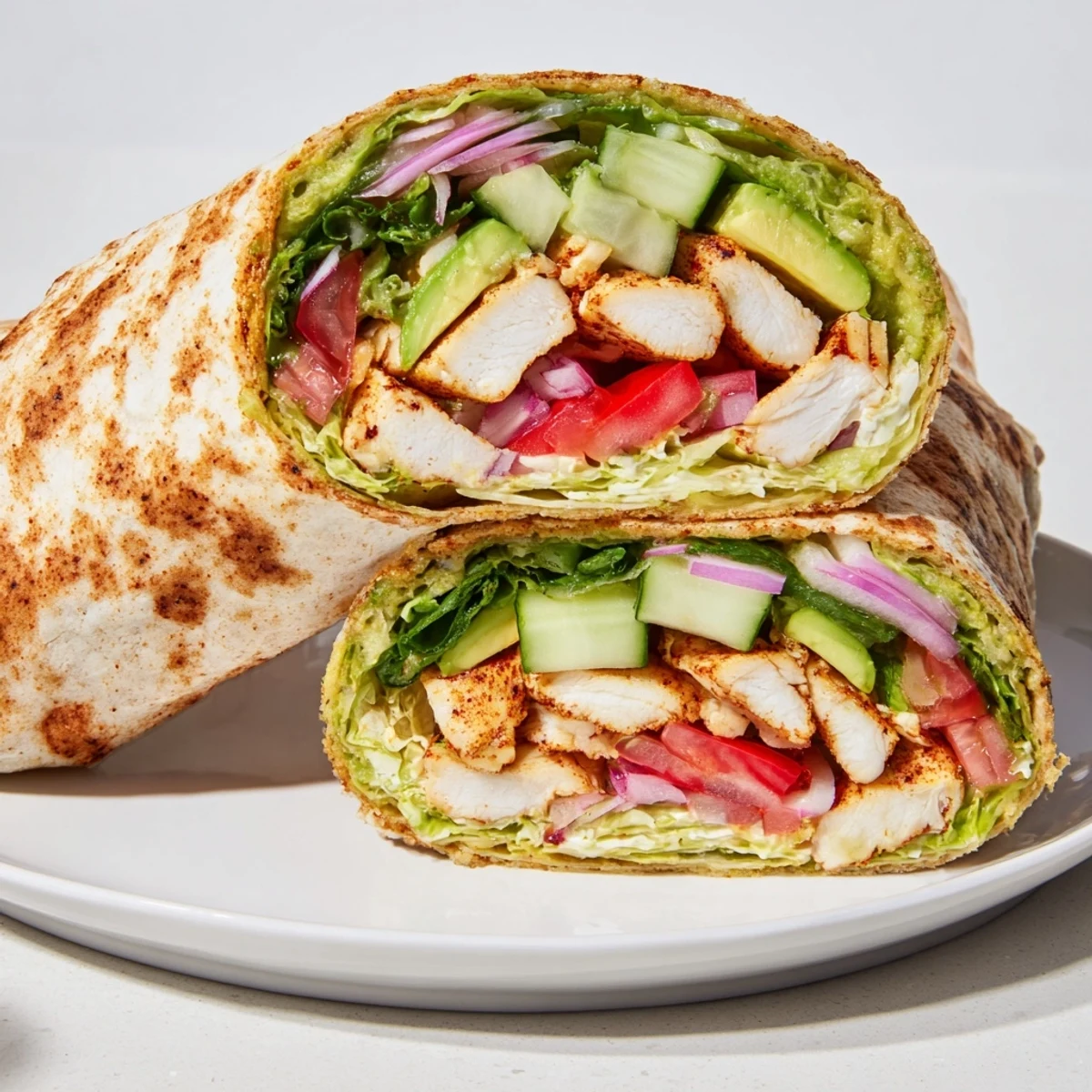 Protein-packed cottage cheese flatbread chicken wraps featuring juicy spiced meat and crisp lettuce tomato slices