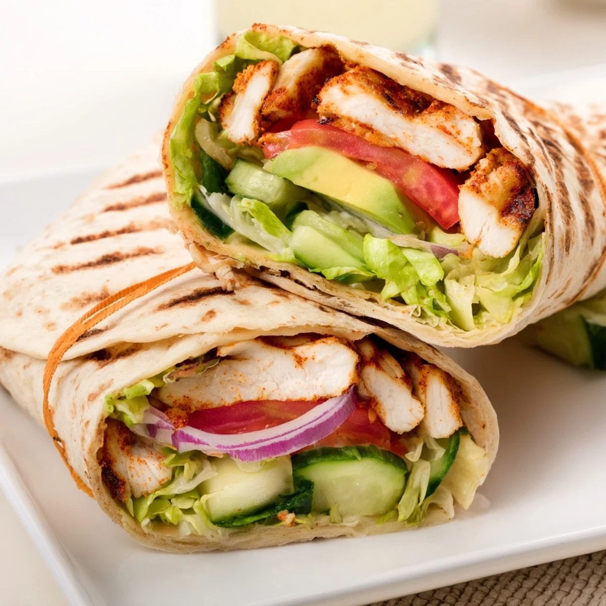 Golden crispy cottage cheese flatbread wraps stuffed with seasoned grilled chicken and colorful fresh vegetables