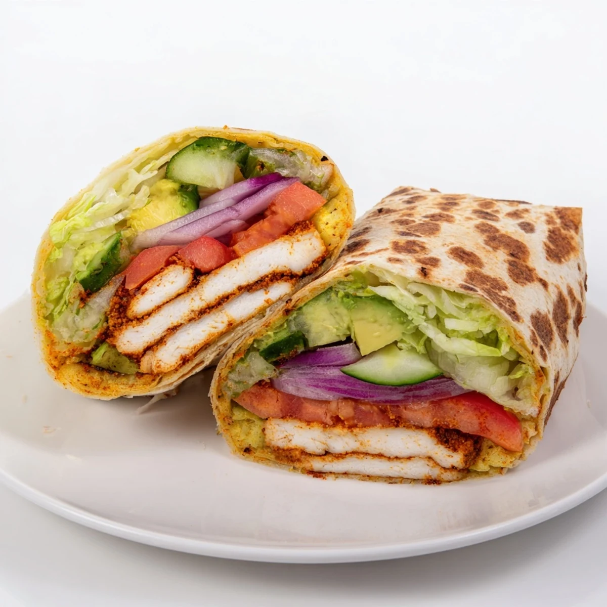 Healthy high-protein wraps showcasing crispy cottage cheese flatbreads layered with tender chicken and vibrant garden veggies
