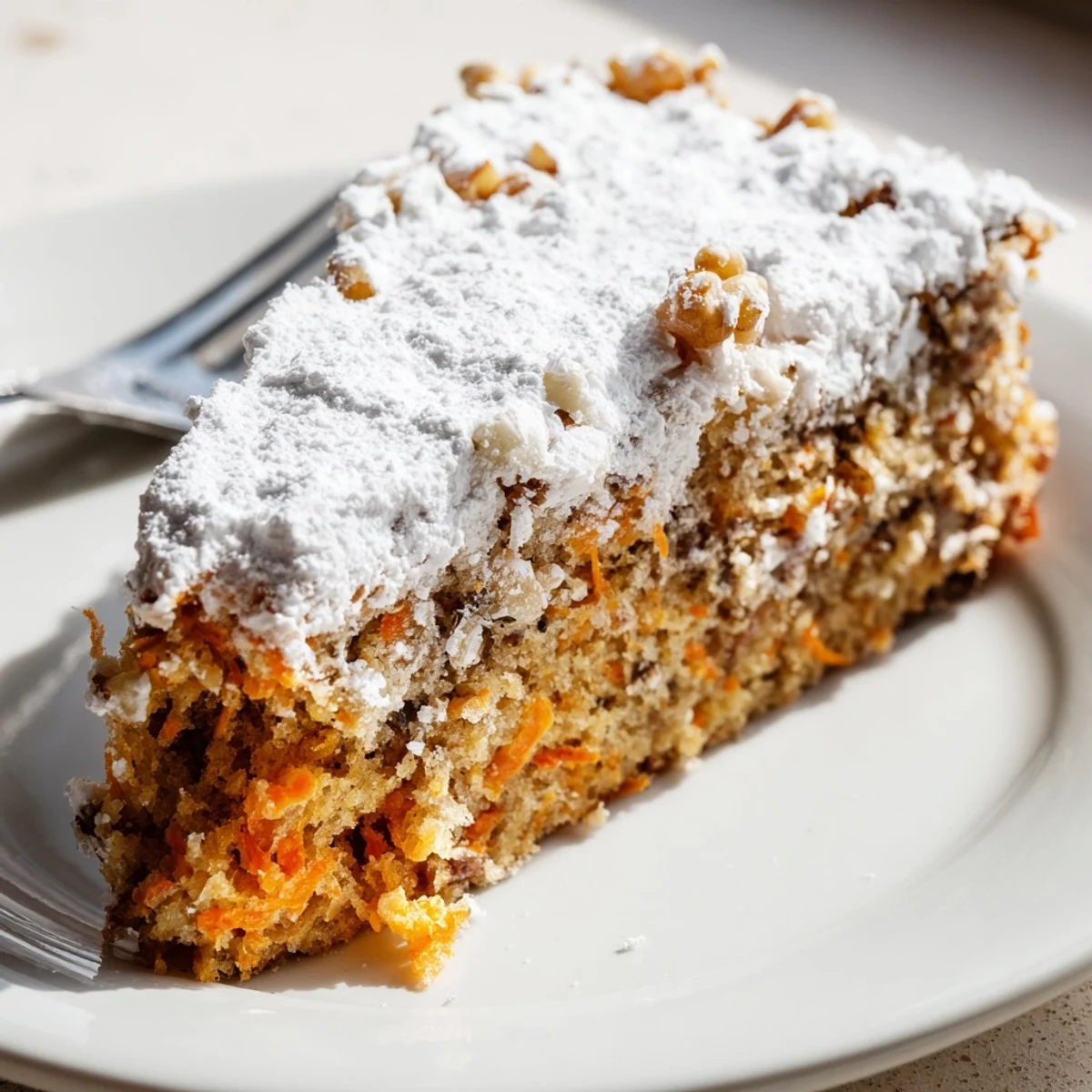 Moist Greek yogurt carrot cake with grated carrots and warm spices, freshly baked in a square pan