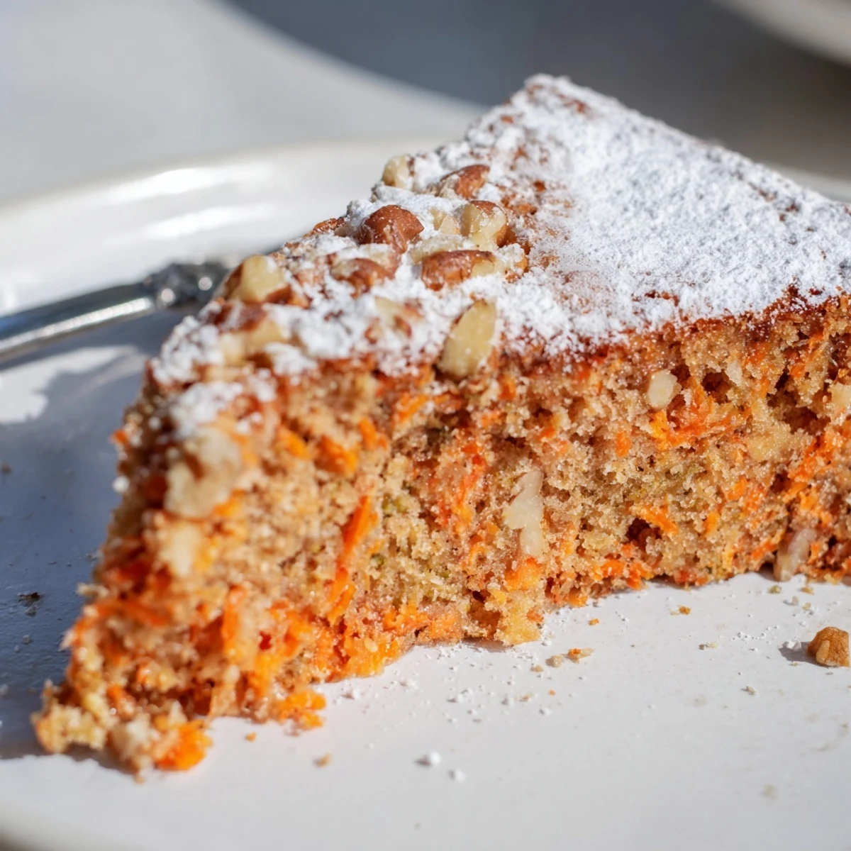 Spiced Greek yogurt carrot cake topped with powdered sugar, featuring a tender crumb and walnut pieces