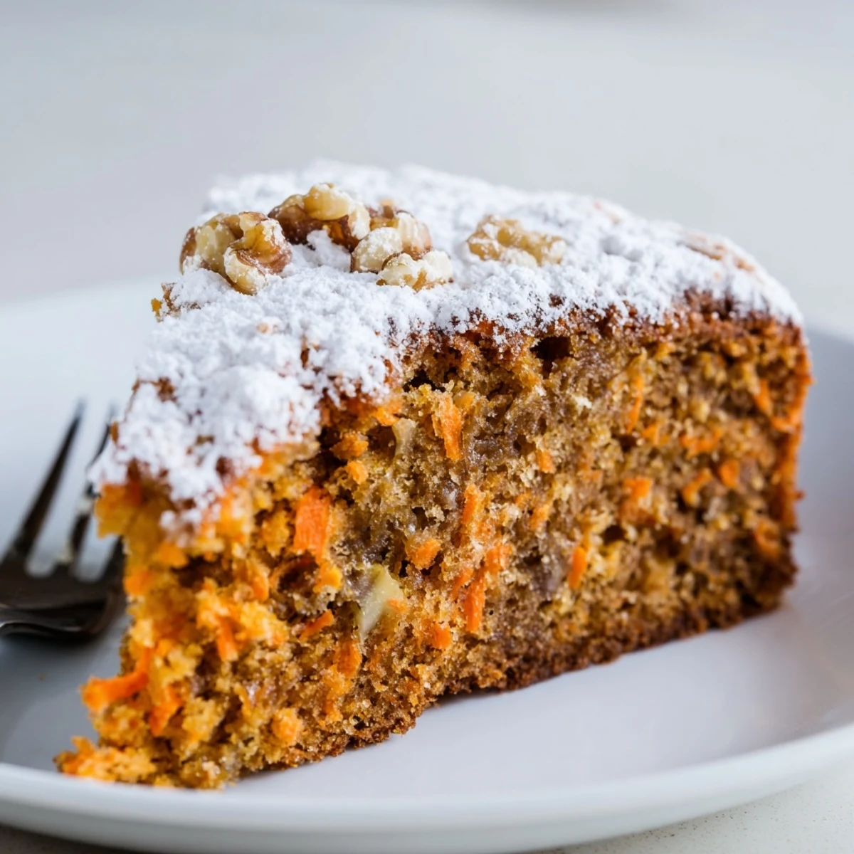 One bowl Greek yogurt carrot cake slice on a white plate, garnished with extra yogurt frosting