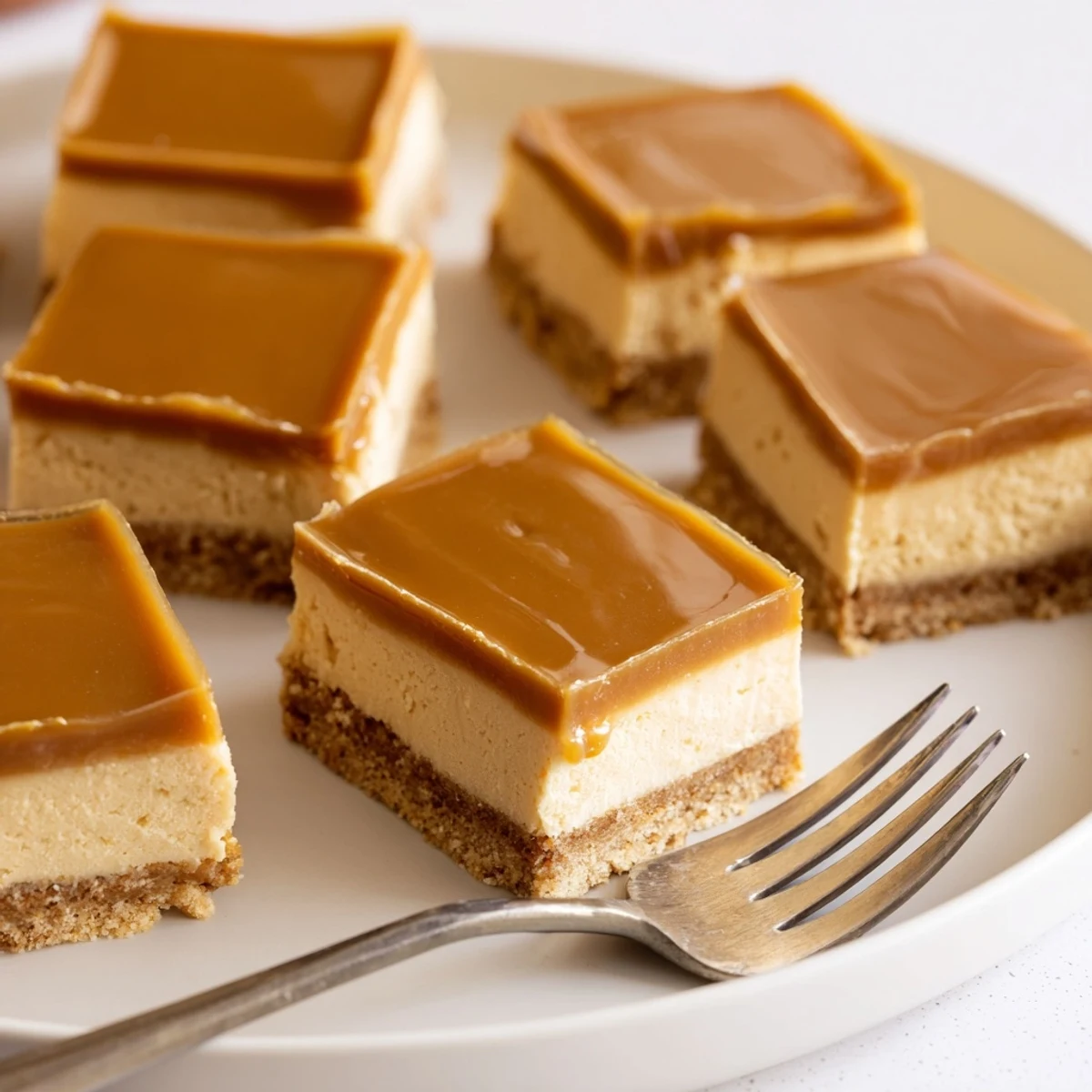 Golden caramel drizzle coats rich creamy caramel cheesecake bars on graham cracker crust