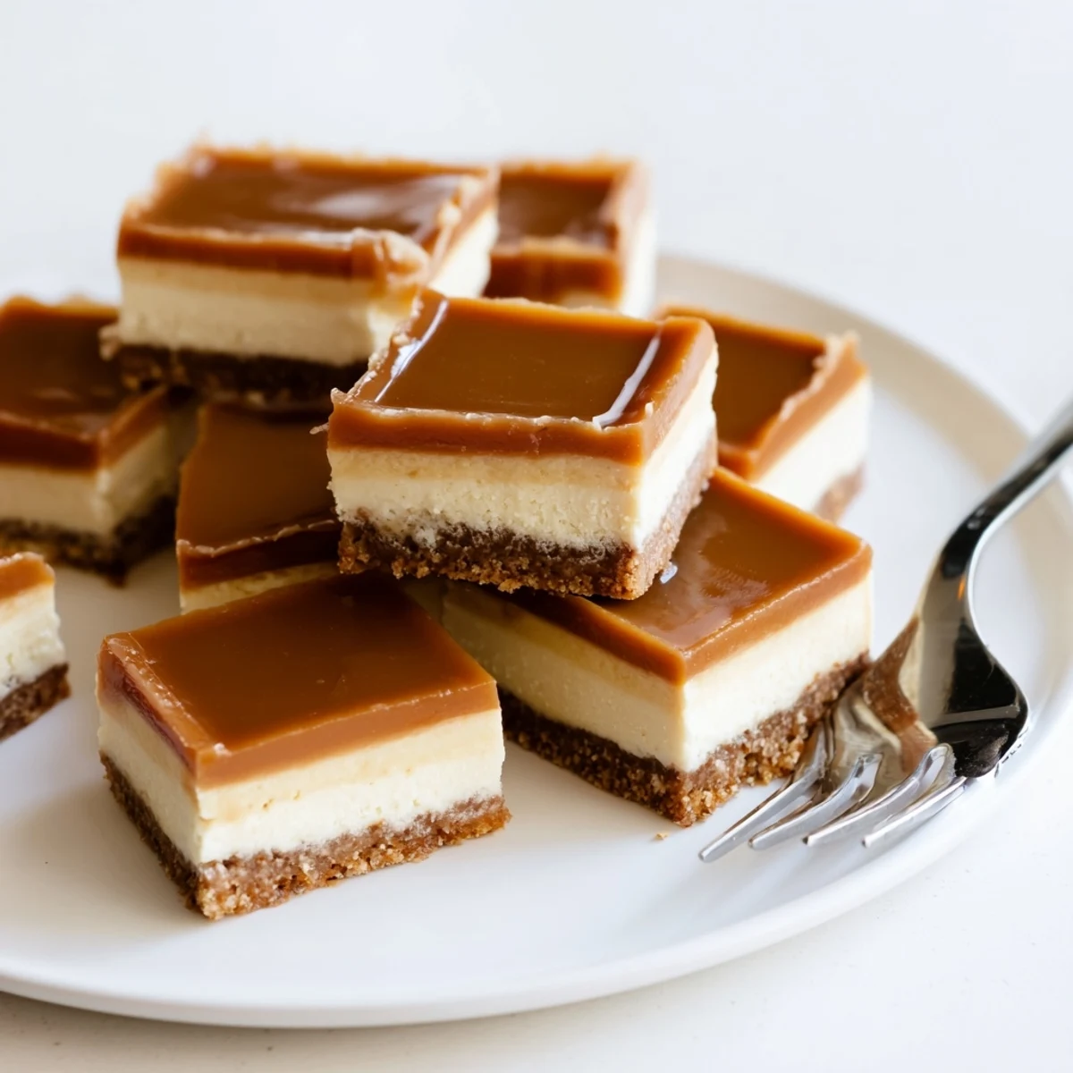 Square slice of creamy caramel cheesecake bars with glossy caramel sauce on white plate