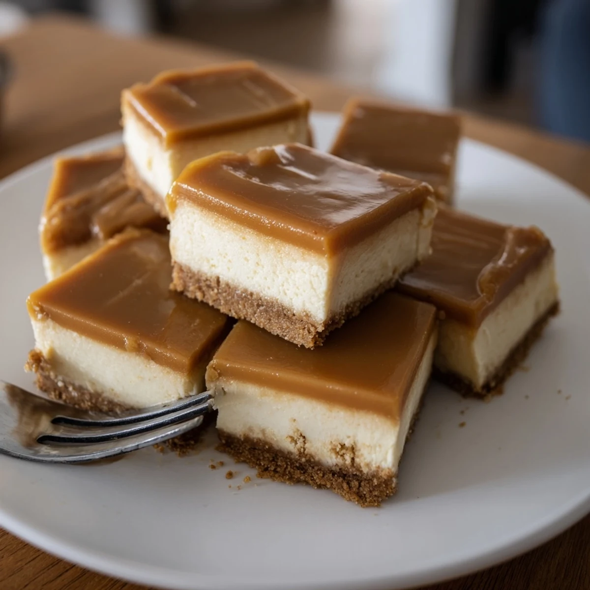 Homemade caramel cheesecake bars stacked showing buttery crust and smooth cheesecake layers
