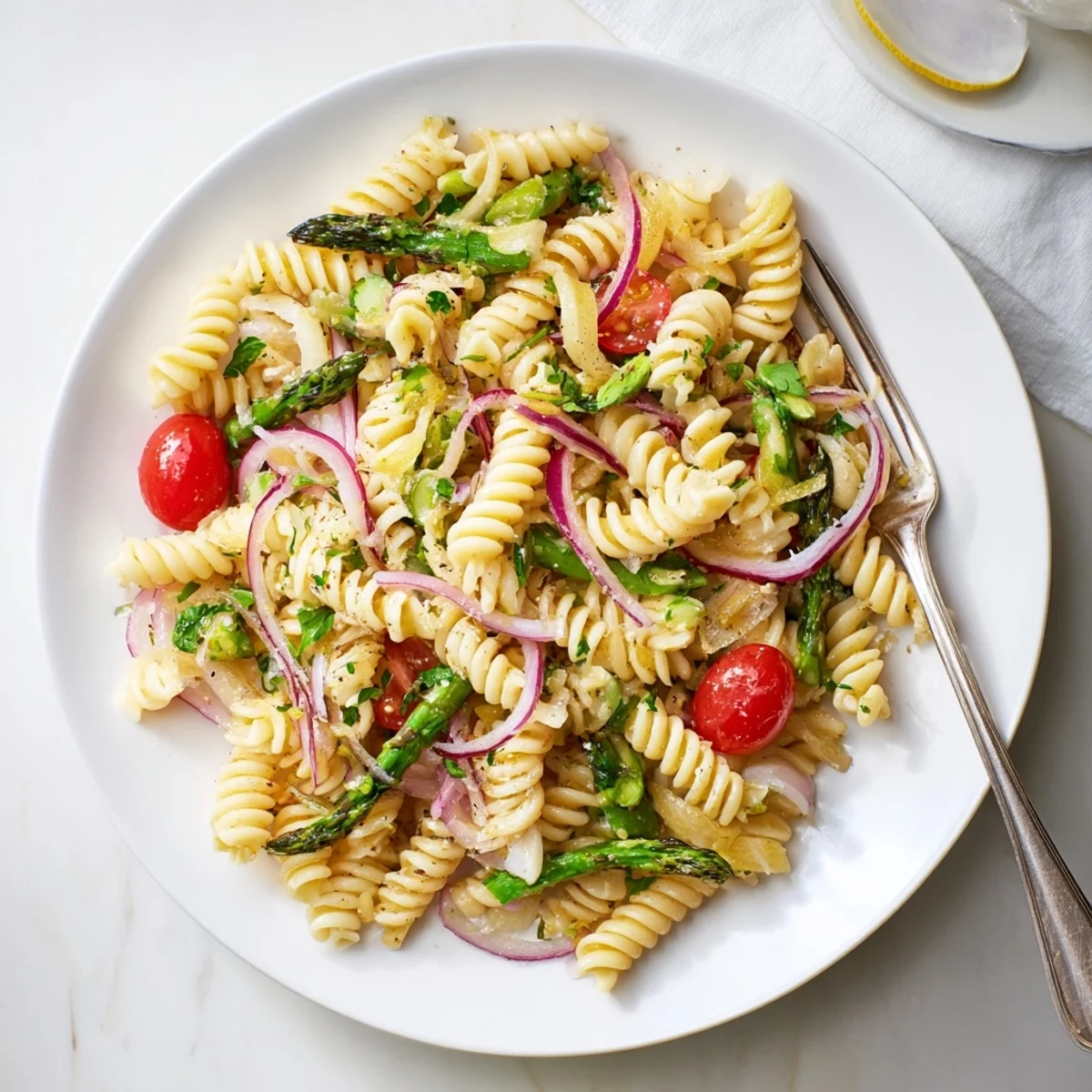 Bright lemon asparagus pasta salad tossed with cherry tomatoes, fresh parsley, and zesty lemon herb dressing in a white serving bowl.