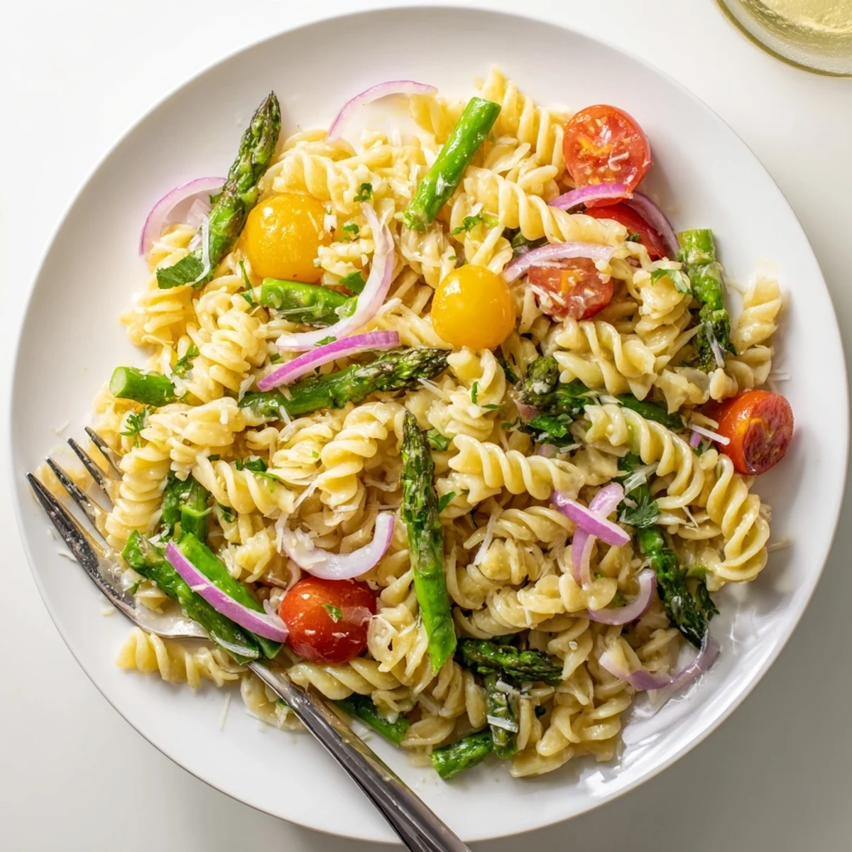 Refreshing lemon asparagus pasta salad featuring tender asparagus pieces, red onion, and parmesan garnish on a rustic wooden table.