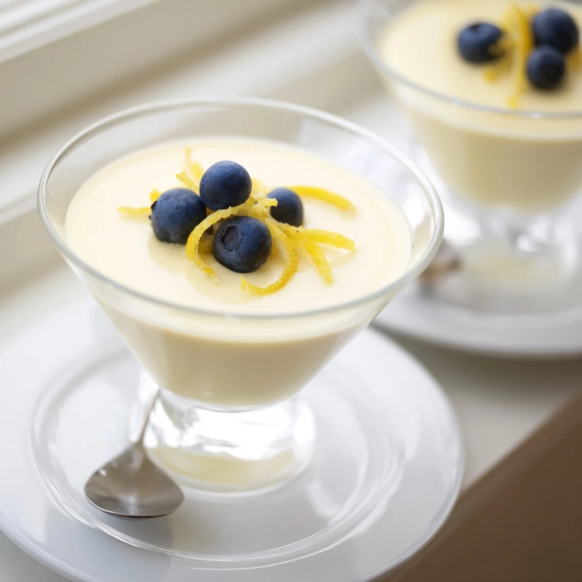 Creamy lemon posset served in glass ramekins topped with fresh lemon zest garnish