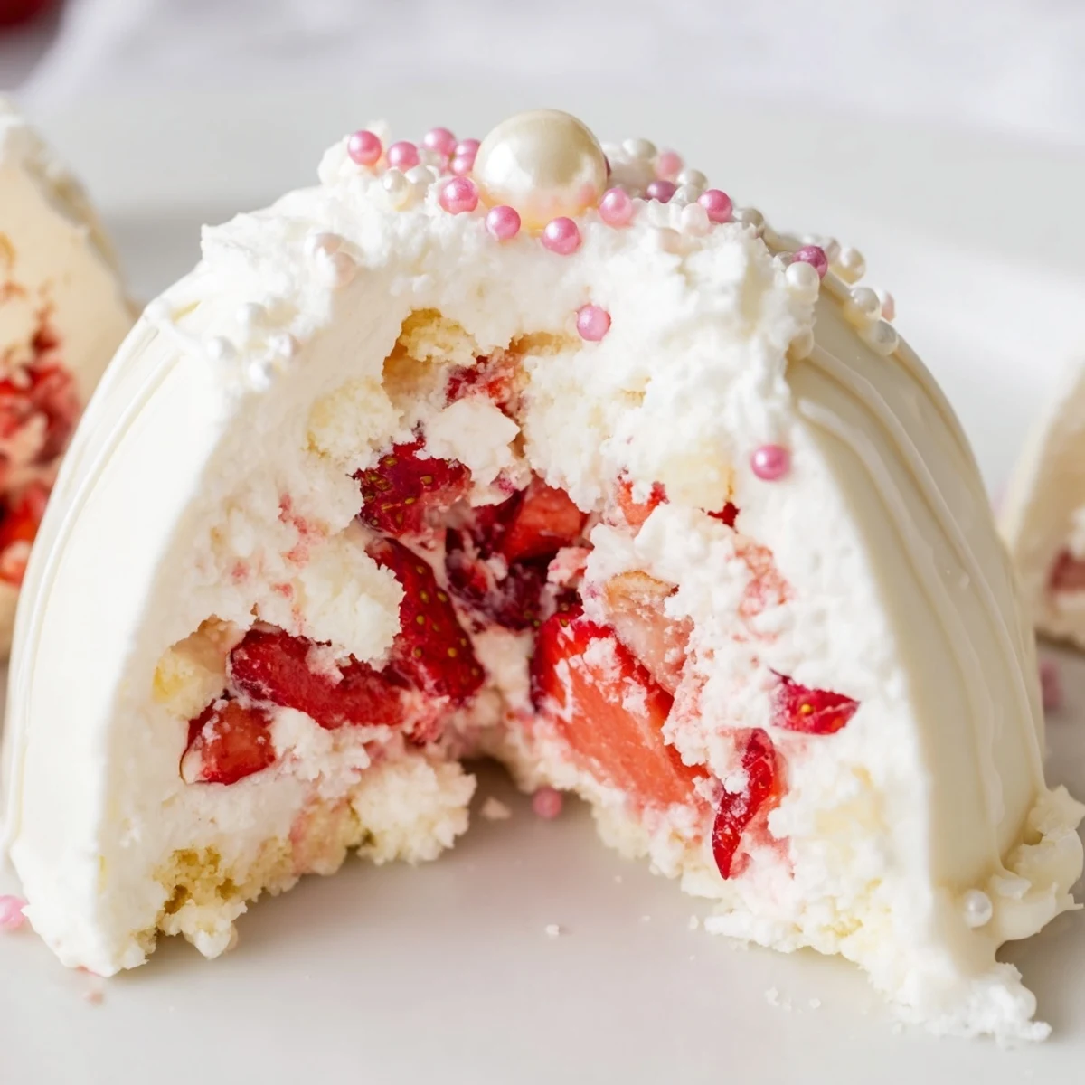 Pastel strawberry shortcake Easter egg bombs featuring fresh strawberries and crumbled cake inside white chocolate shells