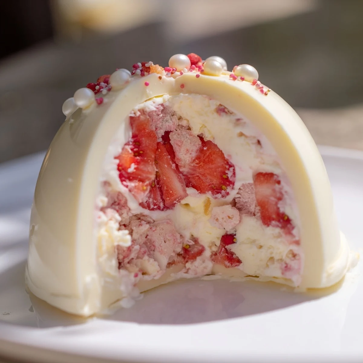 Decadent dessert showing halved strawberry shortcake Easter egg bomb revealing pink studded cream filling