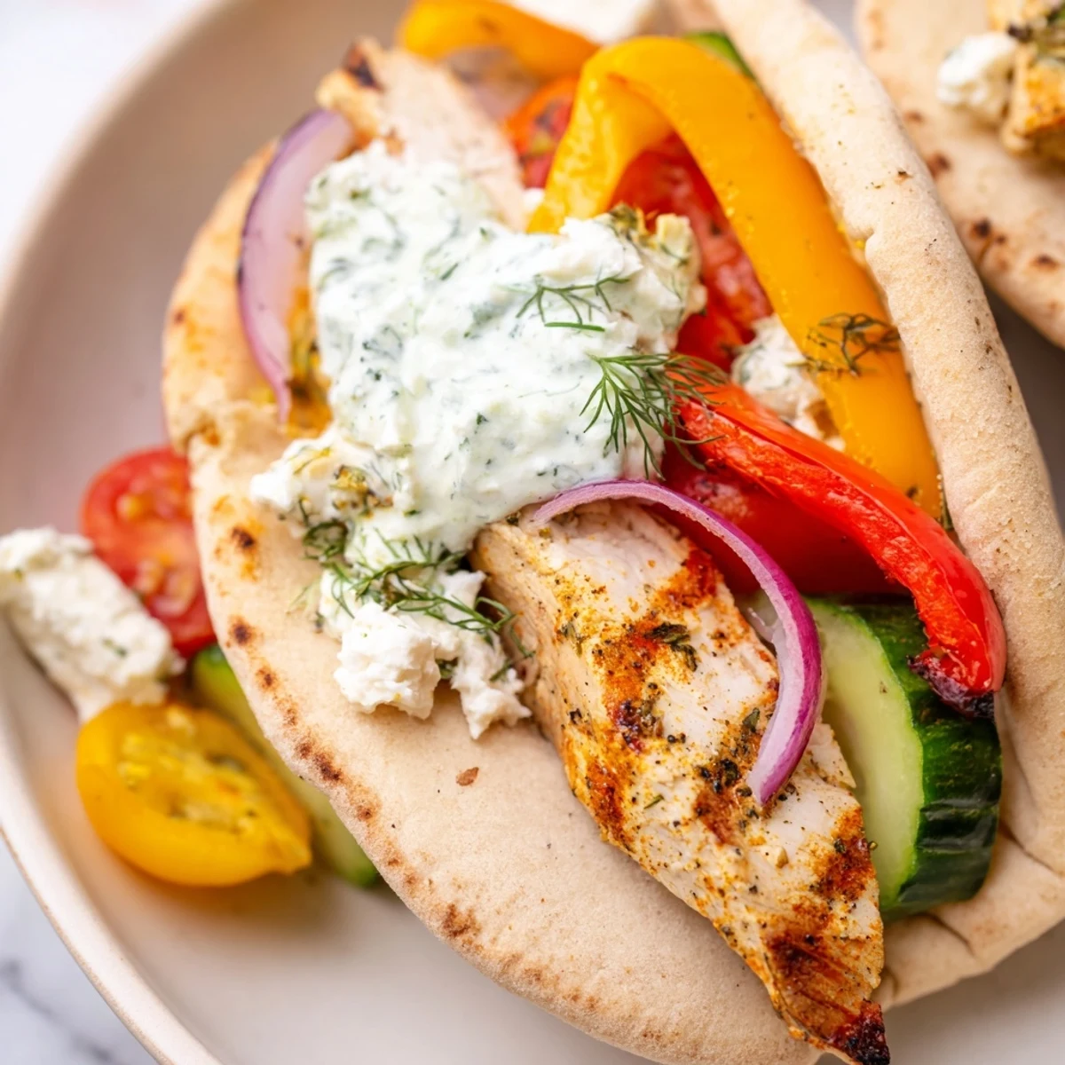 Golden roasted chicken and colorful peppers stuffed inside warm pita breads