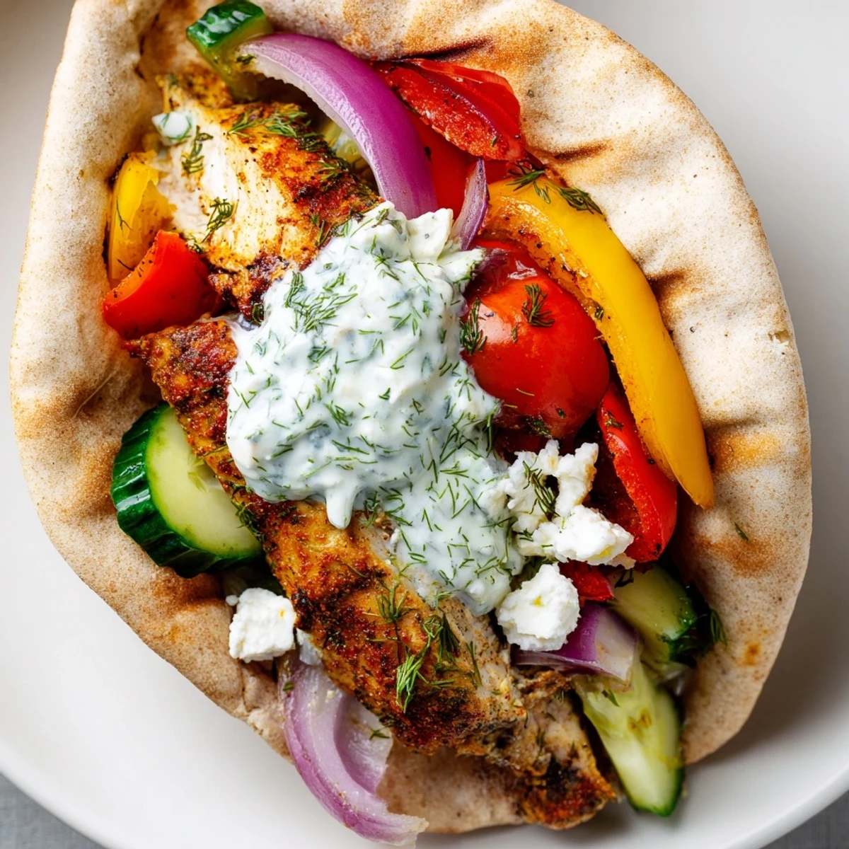 Sheet pan chicken pitas drizzled with creamy herby ranch and fresh vegetables