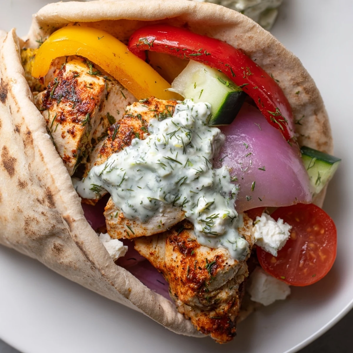 Crispy roasted chicken and bell peppers overflowing from soft pita pockets with sauce