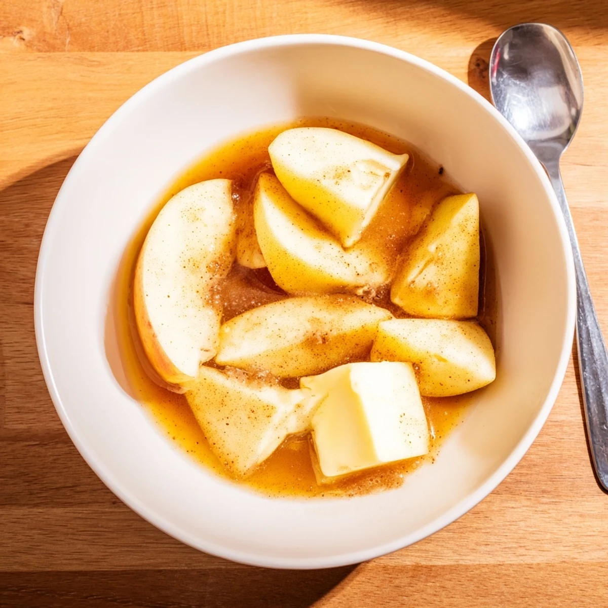 Warm tender apple slices coated with buttery cinnamon glaze in a white serving bowl