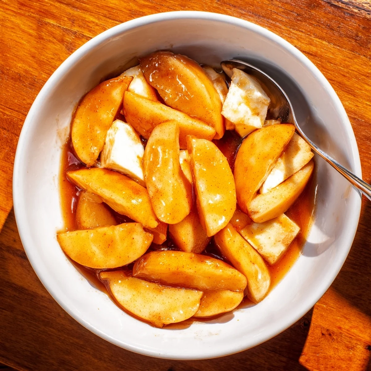 Steaming bowl of pressure-cooked cinnamon apples dotted with melted butter and fragrant spices