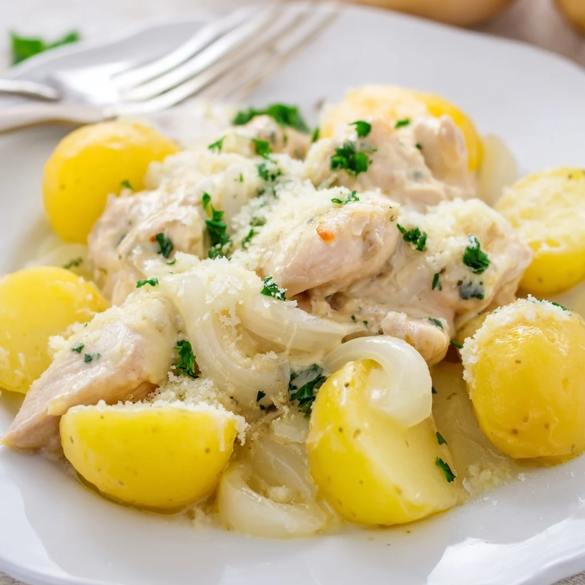 Golden brown slow cooker garlic Parmesan chicken nestled beside tender baby potatoes in a rich creamy sauce