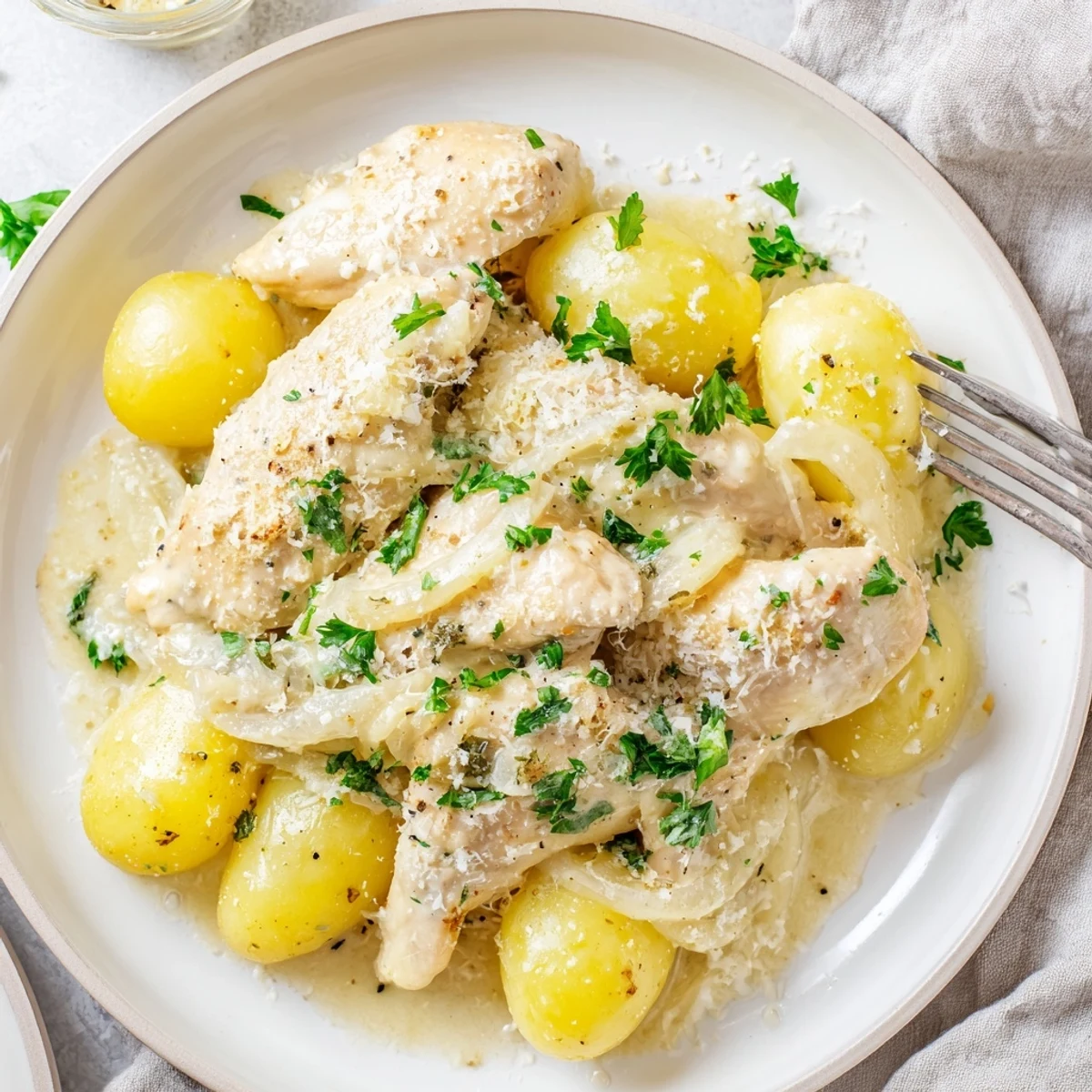 Hearty one-pot meal featuring juicy seasoned chicken breasts and buttery potatoes topped with melted Parmesan cheese