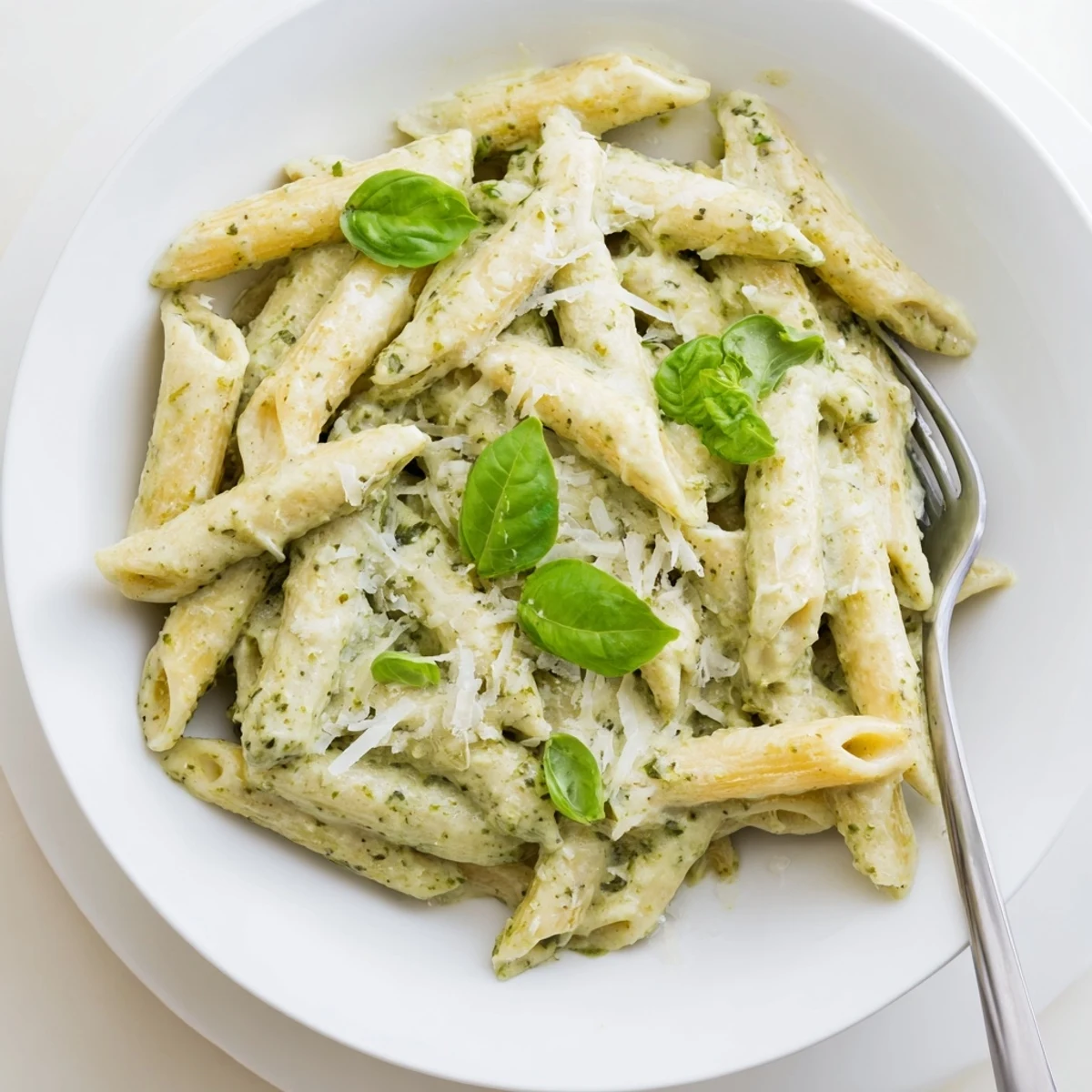 Golden penne pasta coated in rich creamy pesto sauce with fresh basil garnish