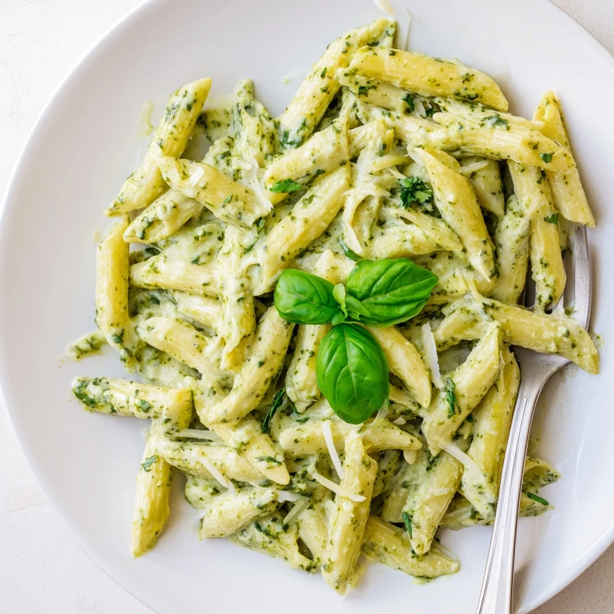 Italian pesto pasta dish swimming in velvety sauce topped with grated cheese