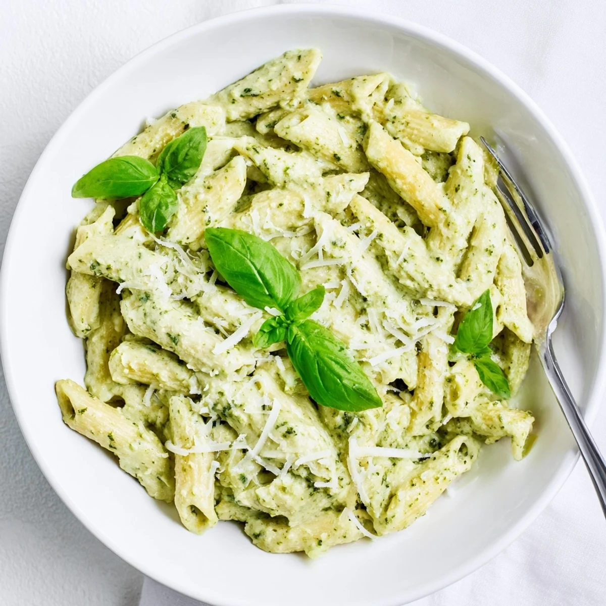 Creamy pesto pasta recipe tossed with parmesan and heavy cream in white bowl