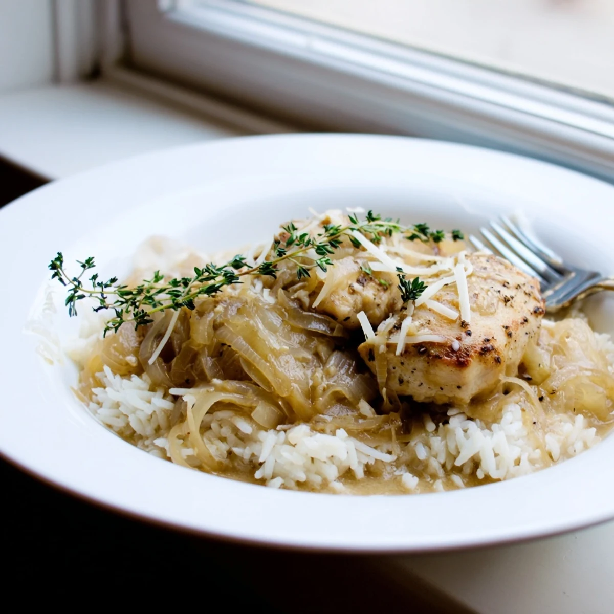 Spoonful of creamy French onion chicken rice featuring tender chicken pieces swimming in rich sauce with golden onion strands