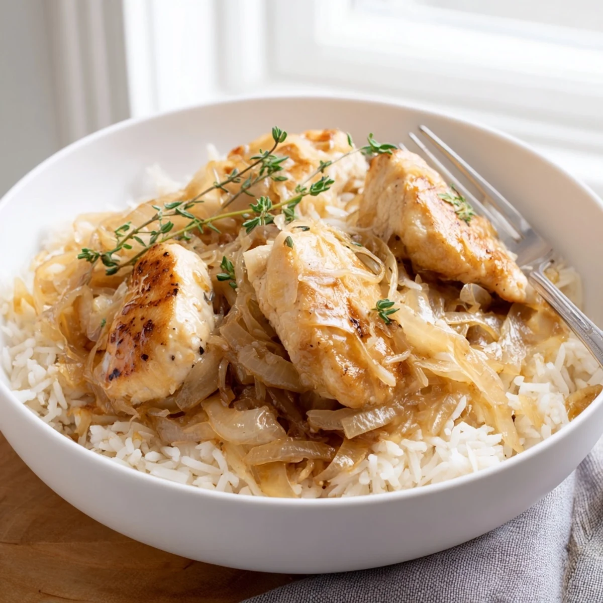 Golden brown chicken breasts rest atop creamy rice with caramelized onions and melted Gruyère cheese in this French onion chicken dish