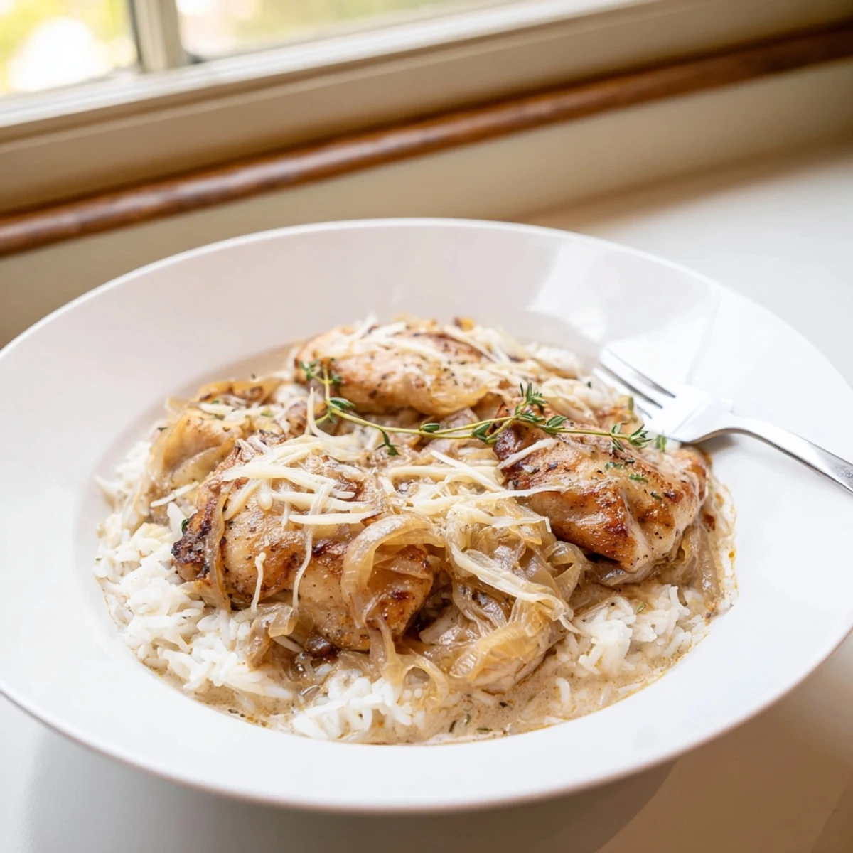 Hearty skillet of French onion chicken rice bubbling with shredded cheese and savory caramelized onions under a golden chicken topping