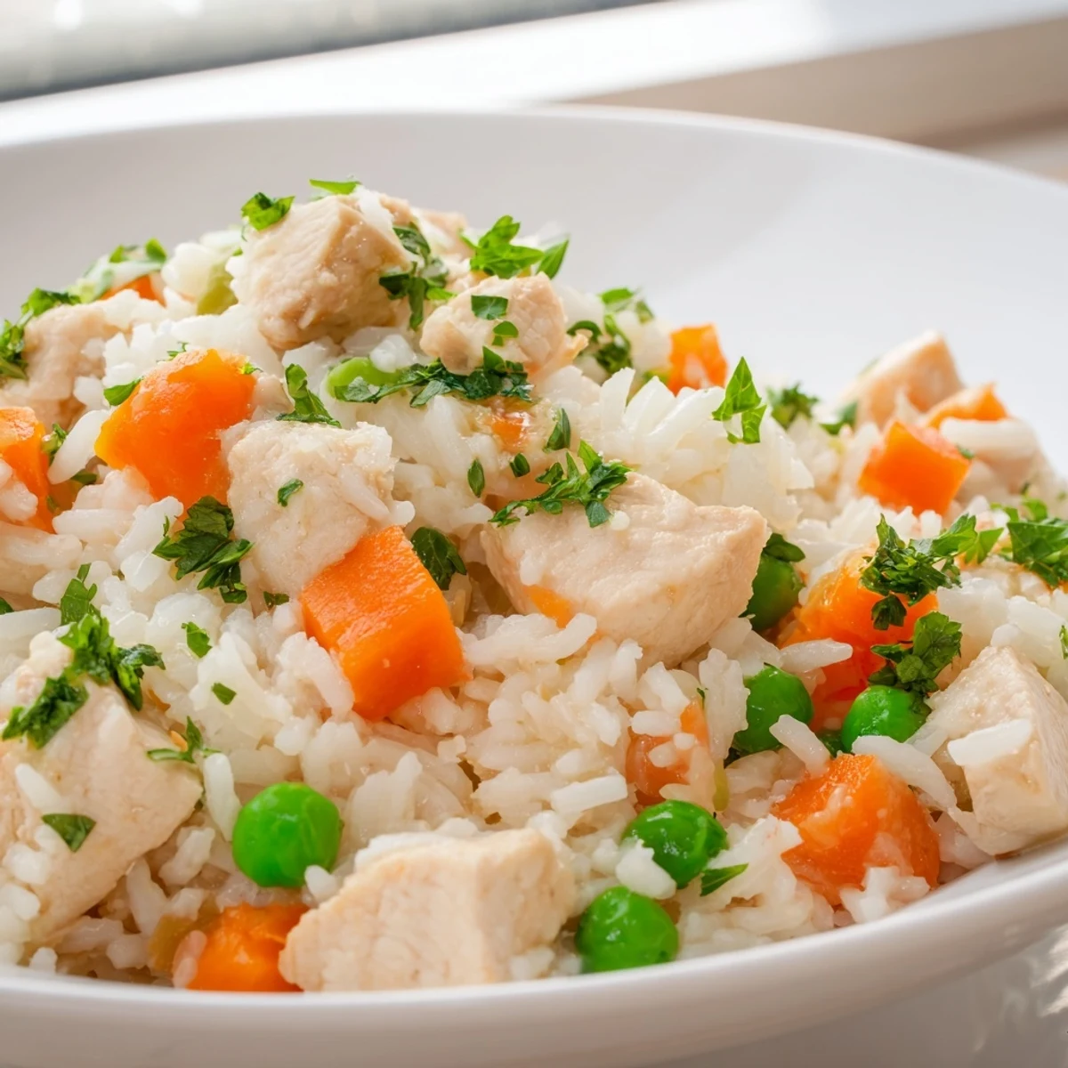 Steaming bowl of Instant Pot chicken and rice with tender chunks, colorful vegetables, and fresh parsley garnish