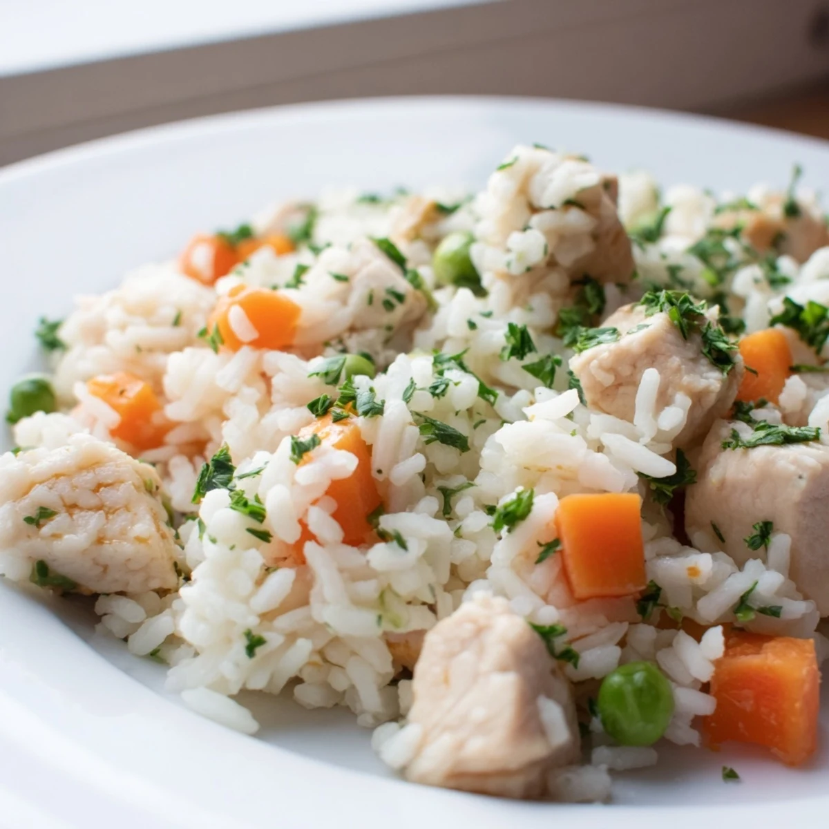 Comforting one-pot Instant Pot chicken and rice featuring fluffy grains, savory chicken thighs, and vibrant diced carrots