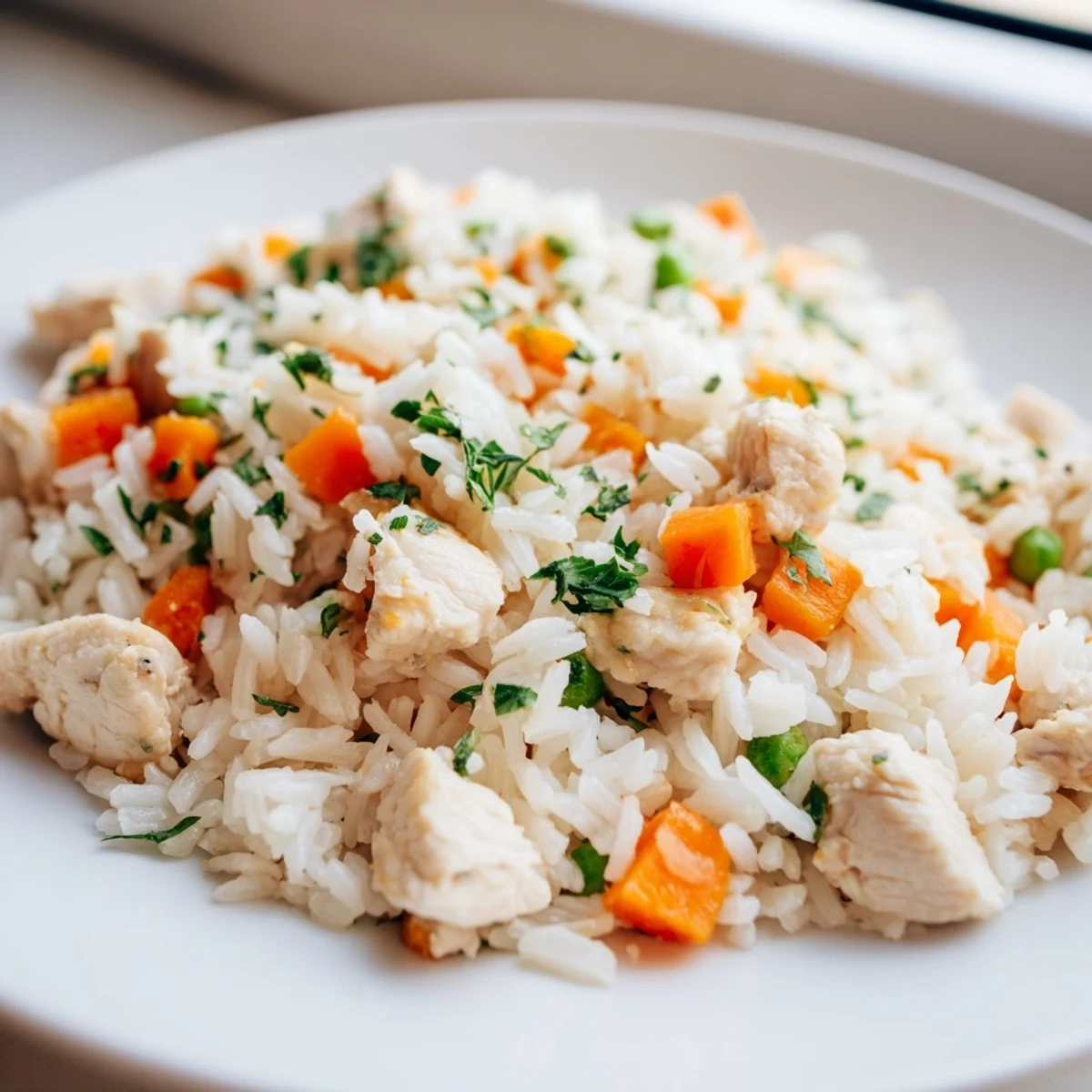Golden brown chicken pieces nestled with fluffy white rice and green peas in this easy Instant Pot chicken and rice