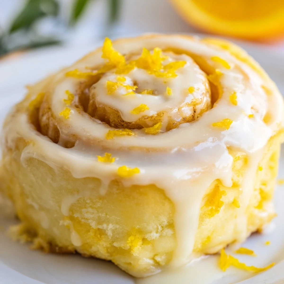 Golden homemade lemon rolls drizzled with tangy white glaze on a rustic baking dish