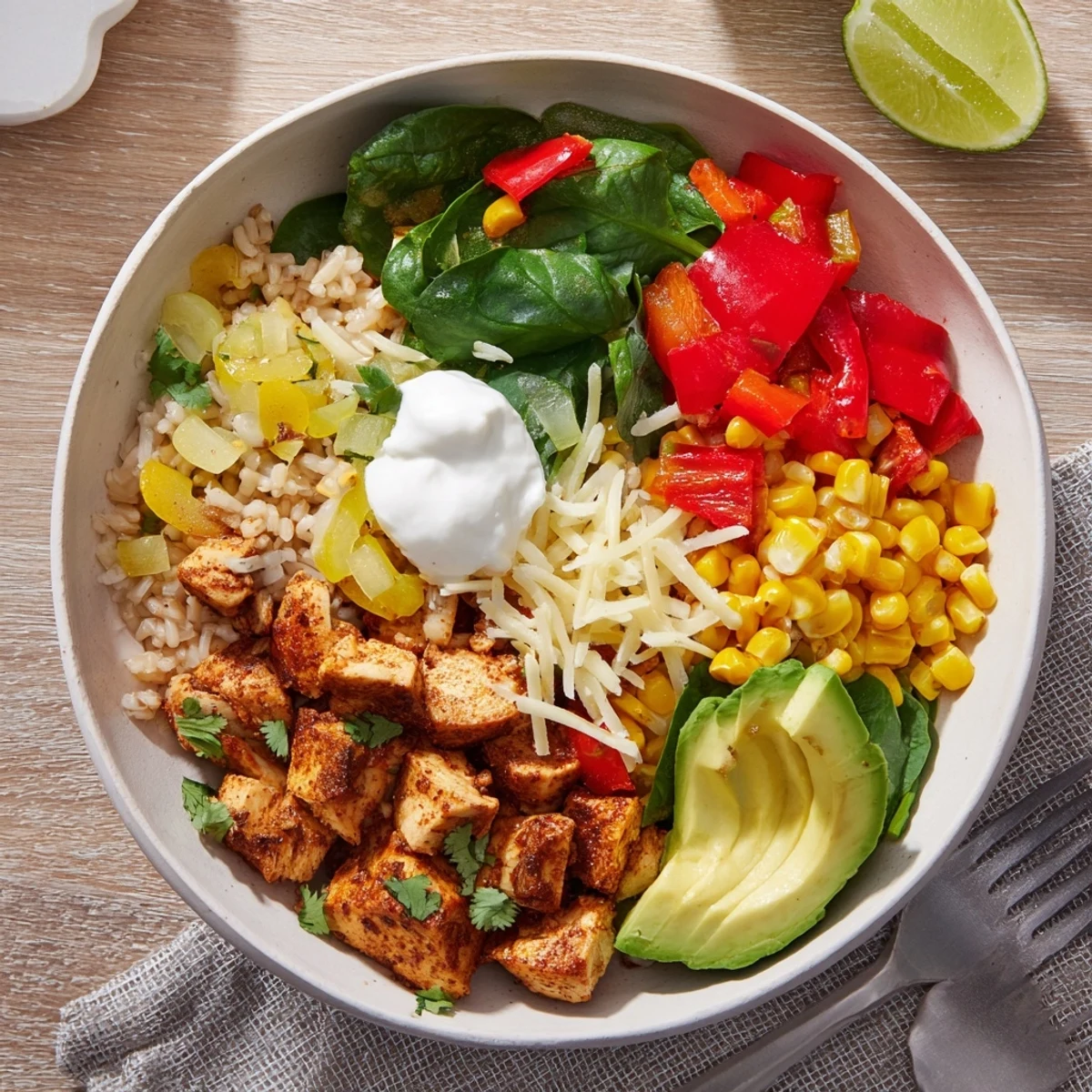 Hearty Southwest spice green chile bowl with tender chicken, roasted chiles, and fluffy brown rice topped with creamy avocado and fresh cilantro