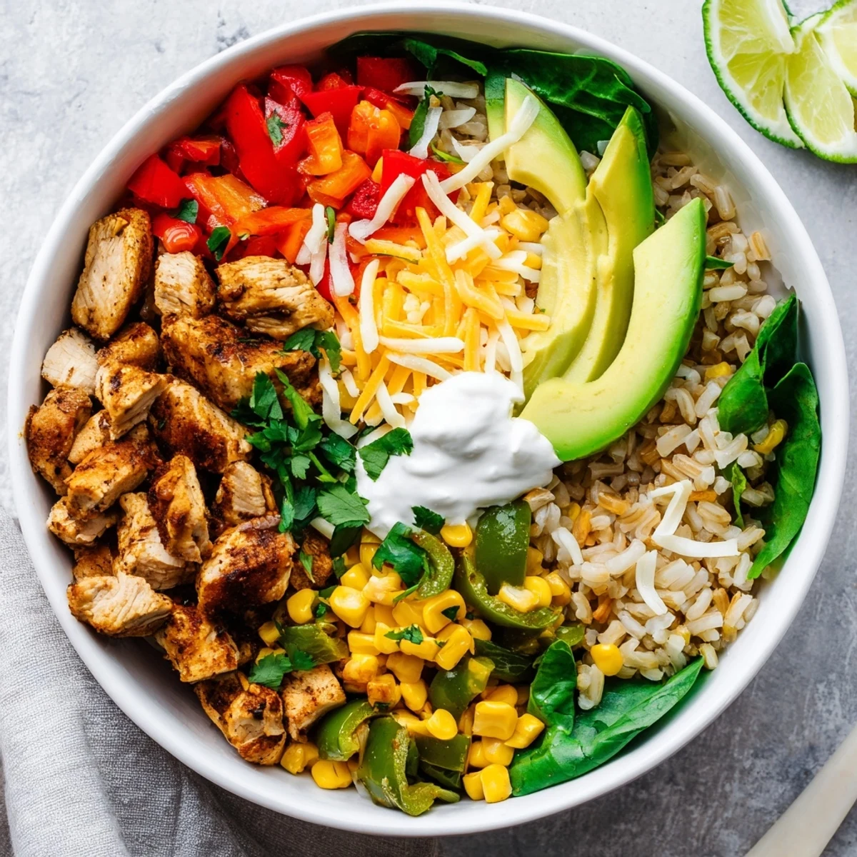 Colorful Southwestern meal featuring spiced chicken, green chiles, corn, and red bell pepper served over quinoa with Monterey Jack cheese