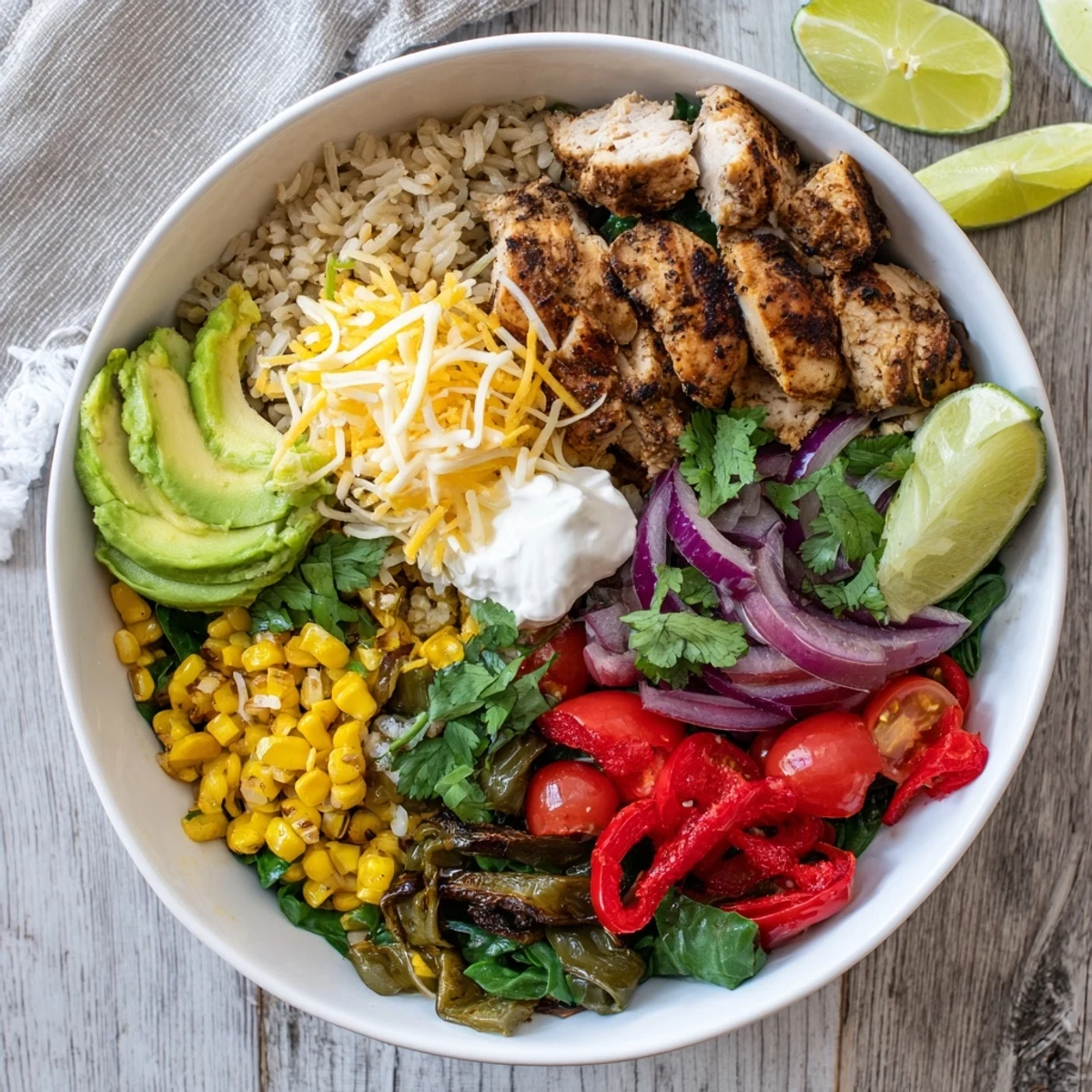 Warm and comforting Southwest spice green chile bowl arranged with sliced avocado, lime wedges, sour cream, and vibrant cherry tomato garnishes