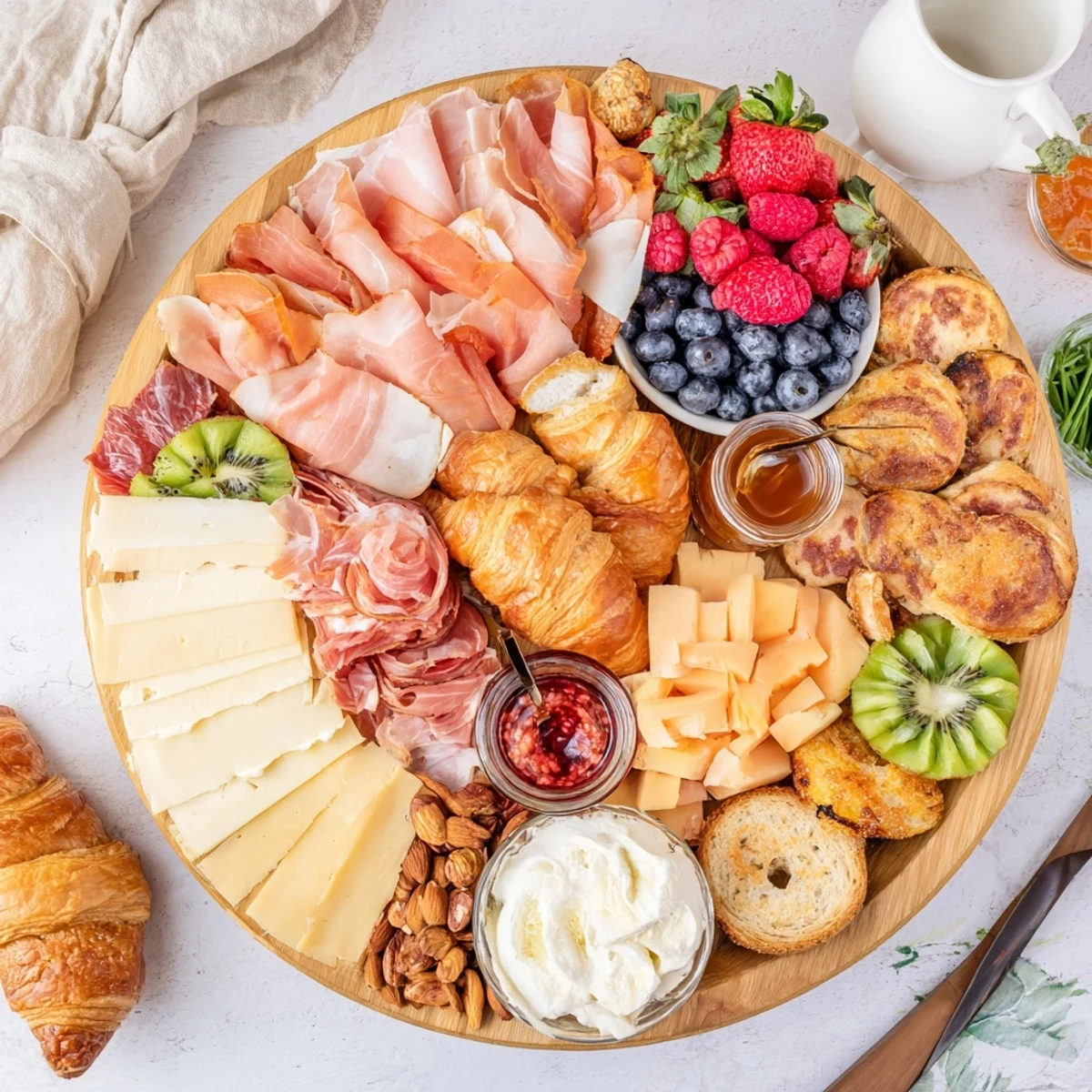 Colorful breakfast charcuterie board arranged with prosciutto, brie, fresh berries, pastries, and honey
