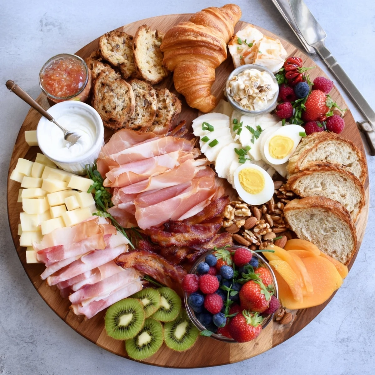 Spread breakfast charcuterie board featuring smoked salmon, boiled eggs, croissants, and mixed fruits