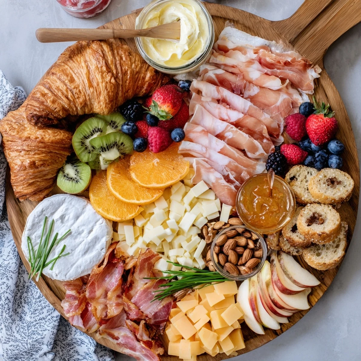 Gourmet breakfast charcuterie board displayed with bacon, cheddar, toast, jams, and Greek yogurt