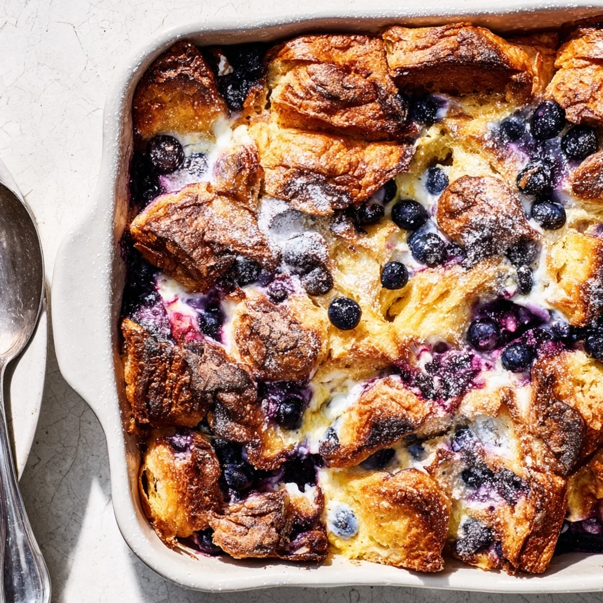 Golden blueberry cream cheese croissant casserole fresh from the oven with melted butter