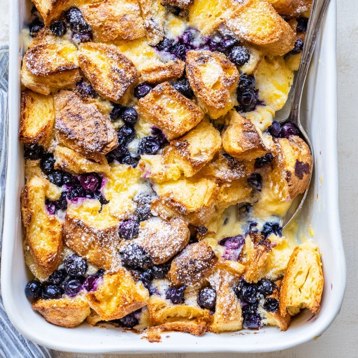 Buttery croissant pieces layered with tangy cream cheese and sweet blueberries before baking