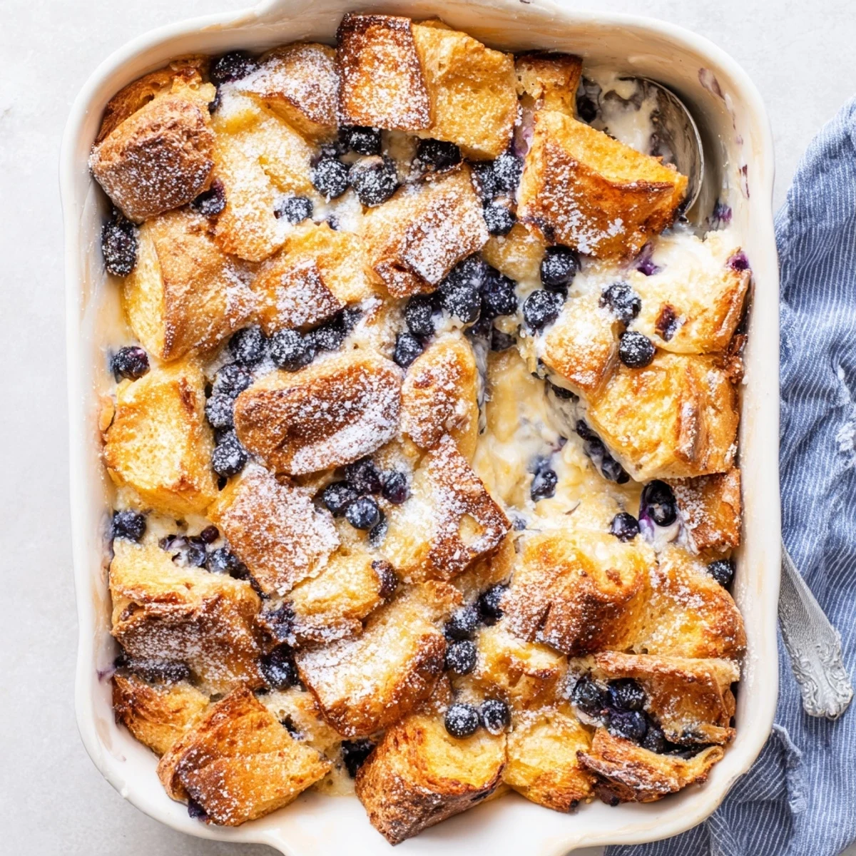 Blueberry cream cheese croissant casserole dusted with powdered sugar on a white serving plate