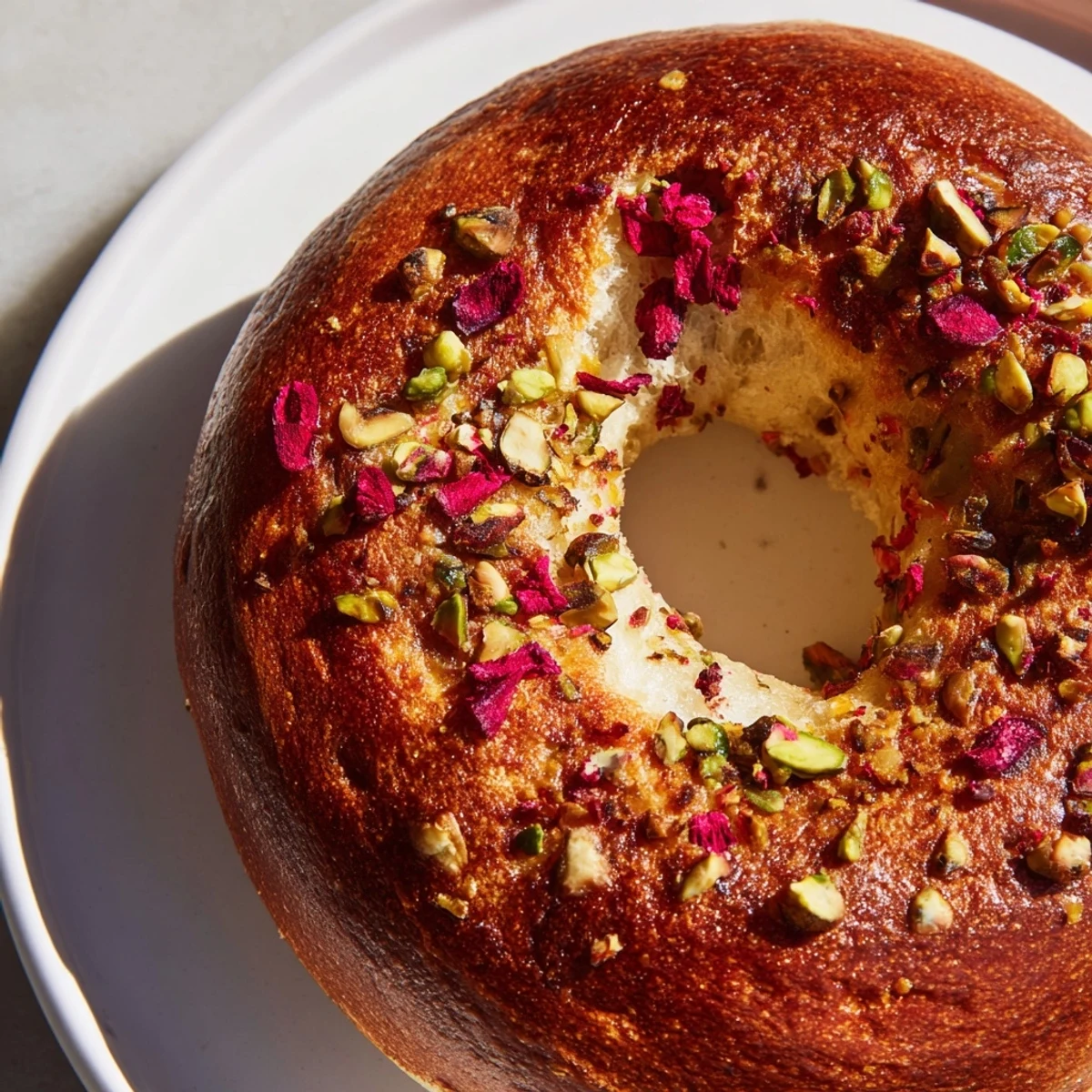 Golden brown raspberry pistachio sourdough bagels topped with crushed nuts and raspberry pieces