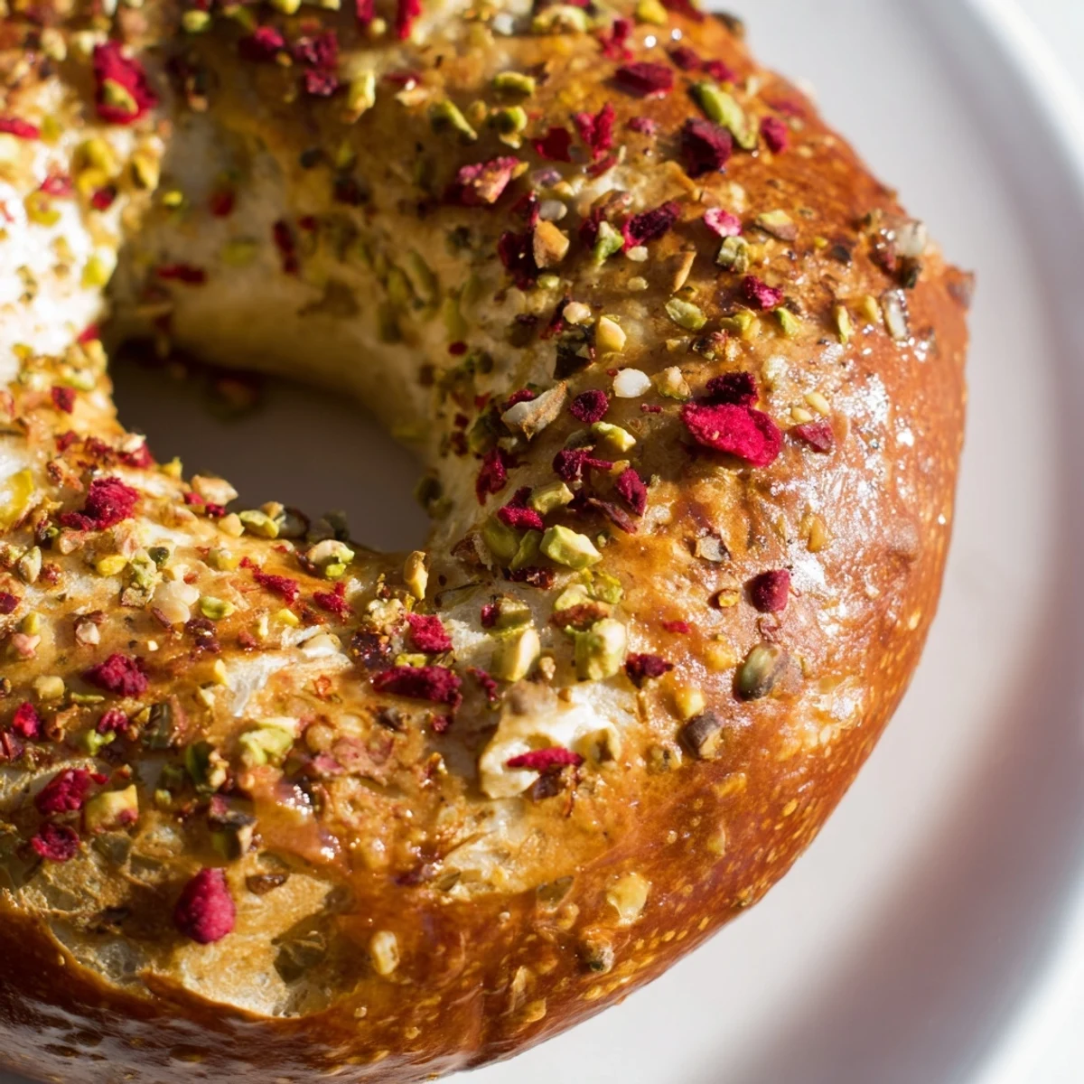 Freshly baked sourdough bagels featuring vibrant red raspberries and green chopped pistachios throughout
